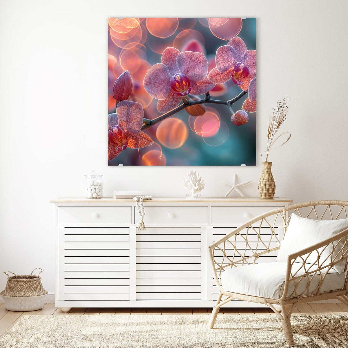 Echtglas, 4 mm – kein Acryl, keine Folie – Wandbild - Orchideen vor Orange - Quadratisch