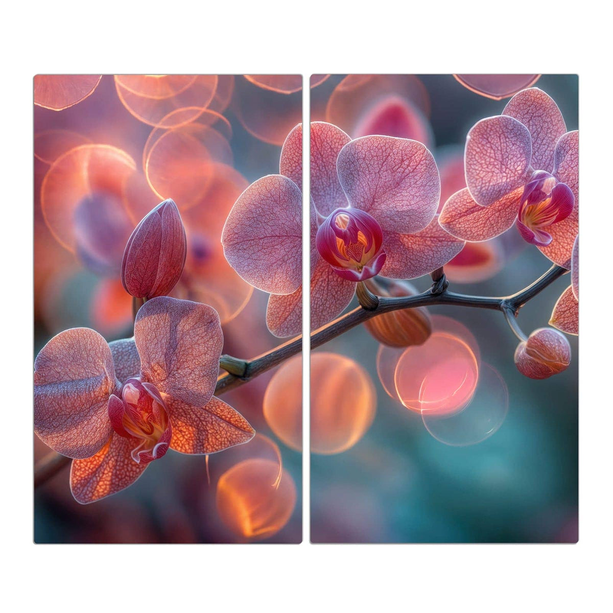 rosa Orchideenblüten vor großen orangefarbenen Lichtkreisen