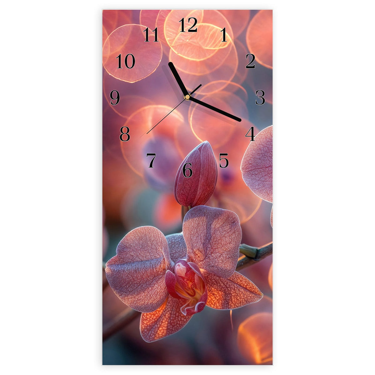 Wanduhr aus Glas, Ziffernblatt Klassisch: Rosa Orchideenblüten vor großen orangefarbenen Lichtkreisen #ziffernblatt_Klassisch