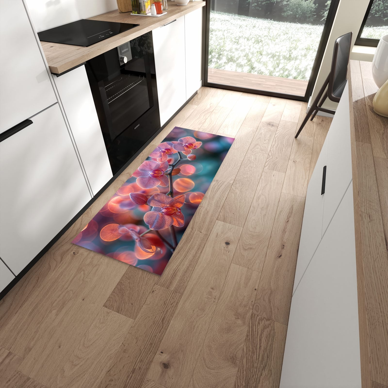 Bodenschonender Küchenläufer nach Maß mit Motiv Orchidee Bokeh in moderner Küche #grösse_60 x 150 cm