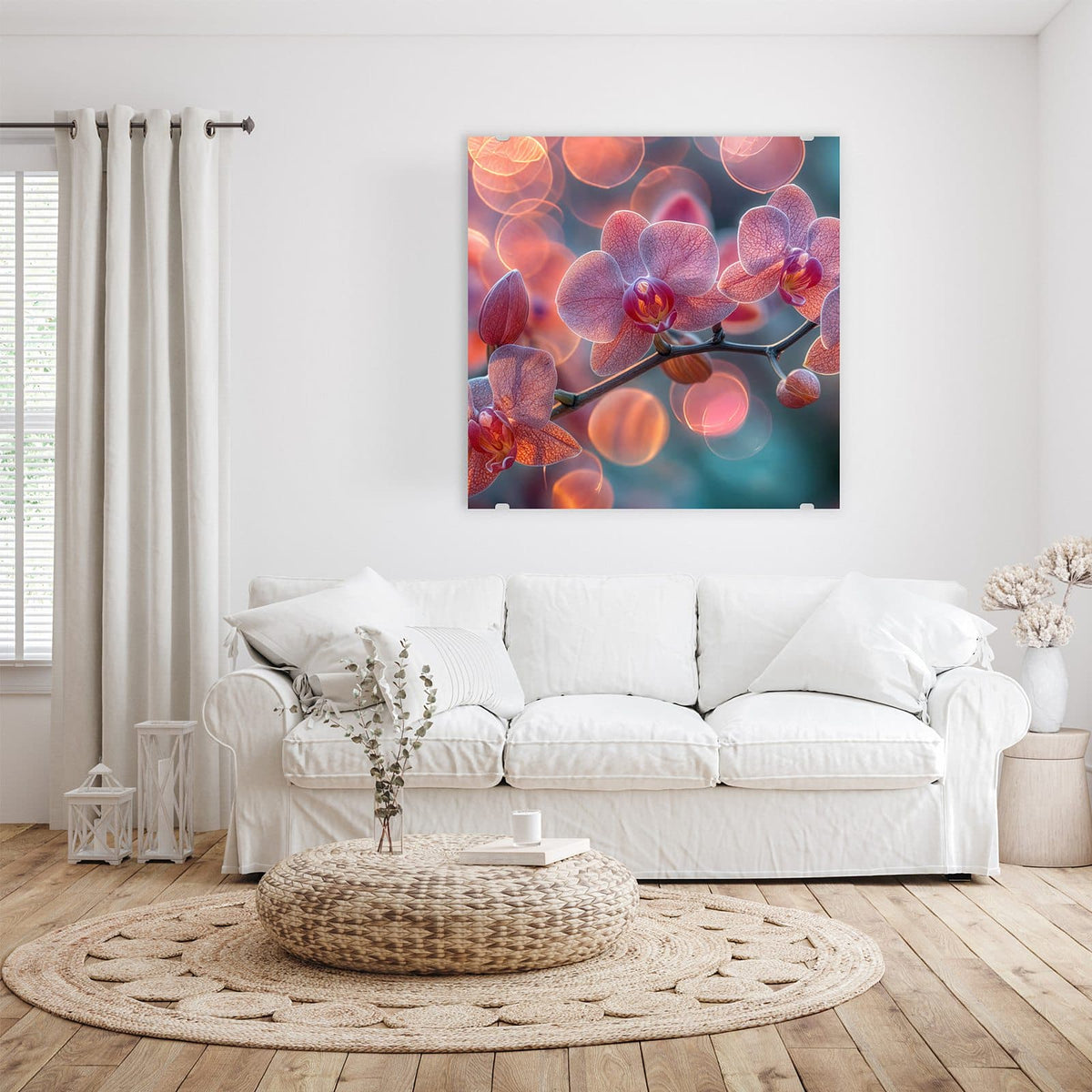 Glasbild Orchideen vor Orange an der Wand – rosa Orchideenblüten vor großen orangefarbenen Lichtkreisen