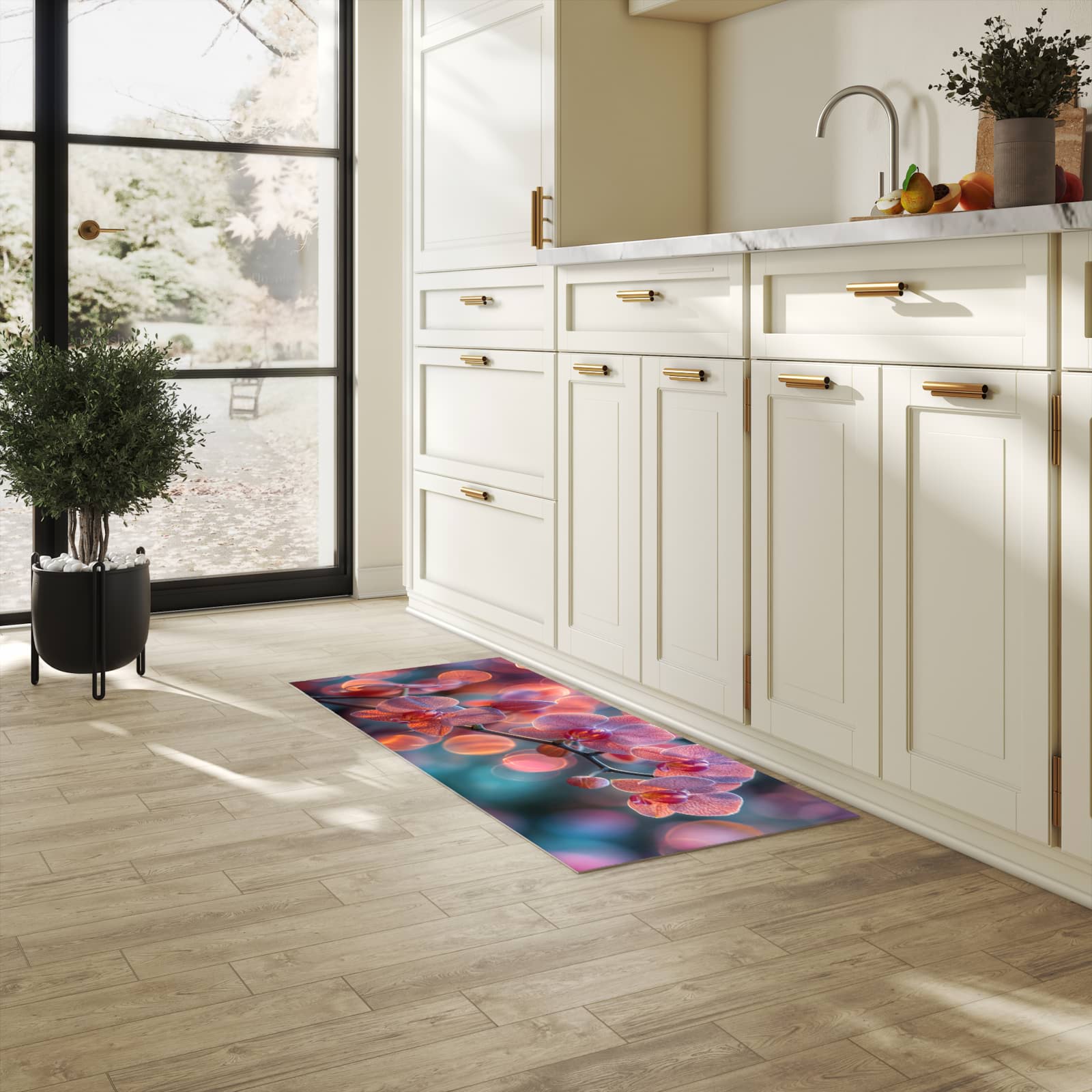 Formstabiler waschbarer Küchenteppich mit Motiv Orchidee Bokeh in heller Küche