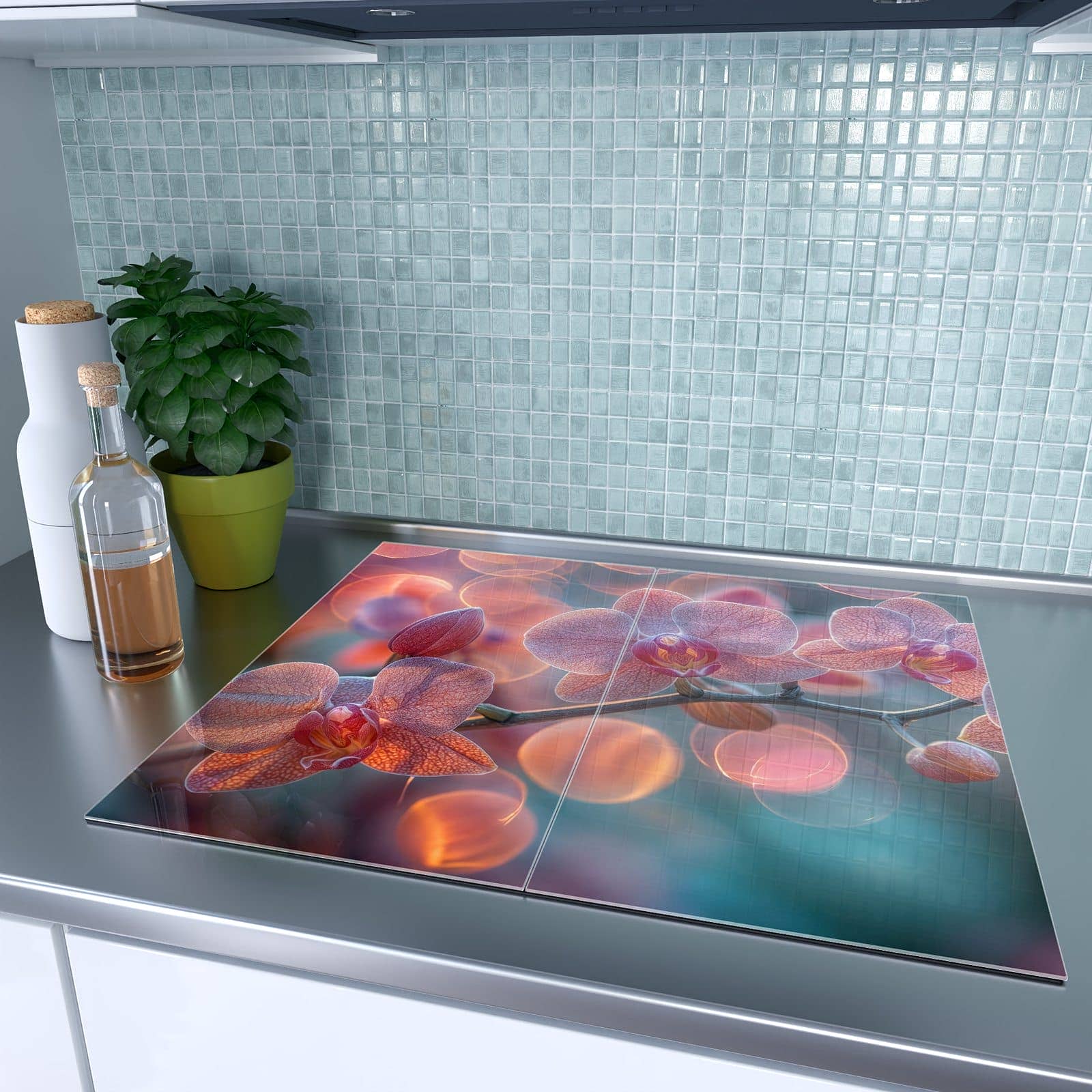 2-teilige Herdabdeckplatte mit Orchidee Bokeh-Motiv auf dem Ceranfeld