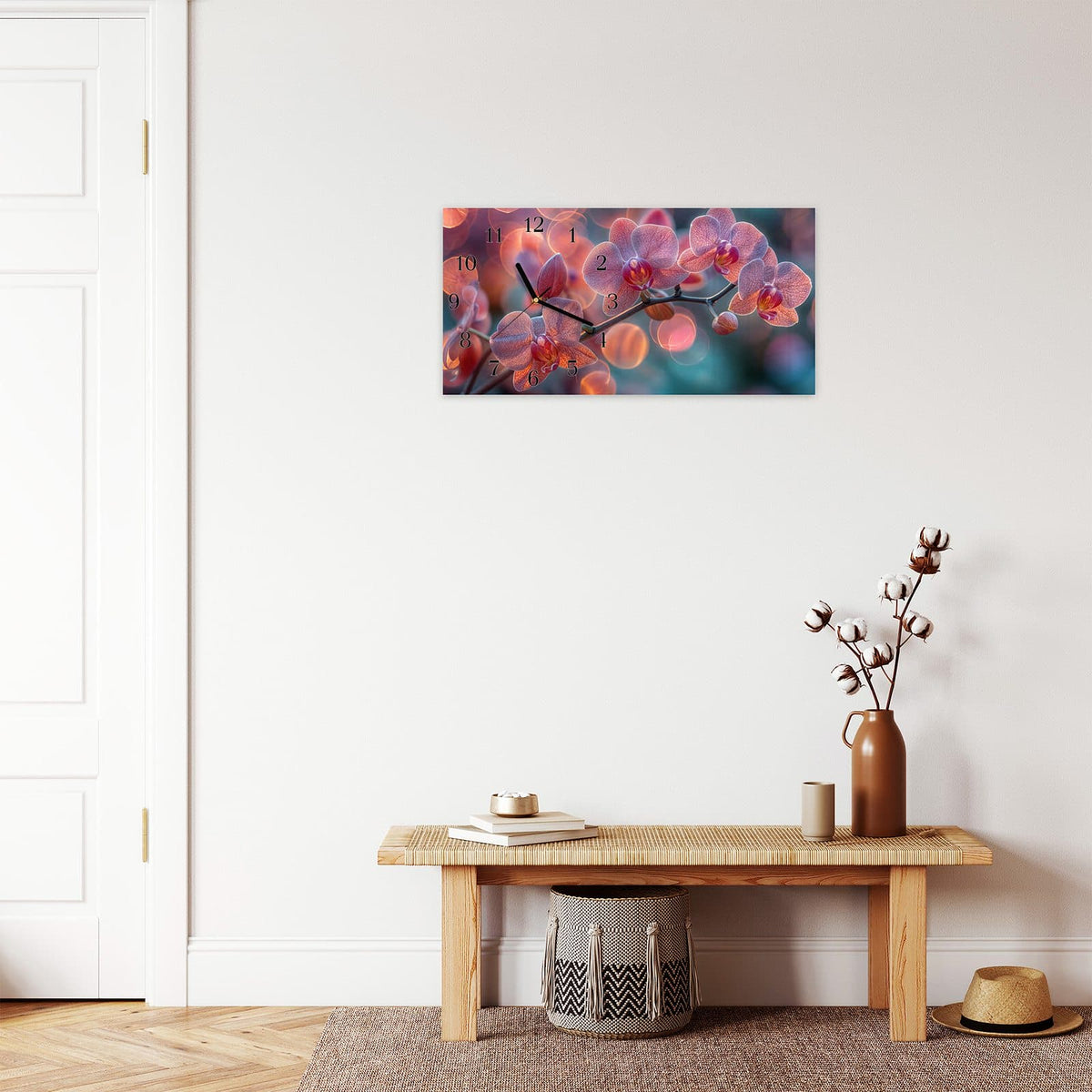 Moderne Wanduhr aus Glas mit Farbtiefe – Wanduhr Orchidee Bokeh aus Glas – Querformat 60 × 30 cm