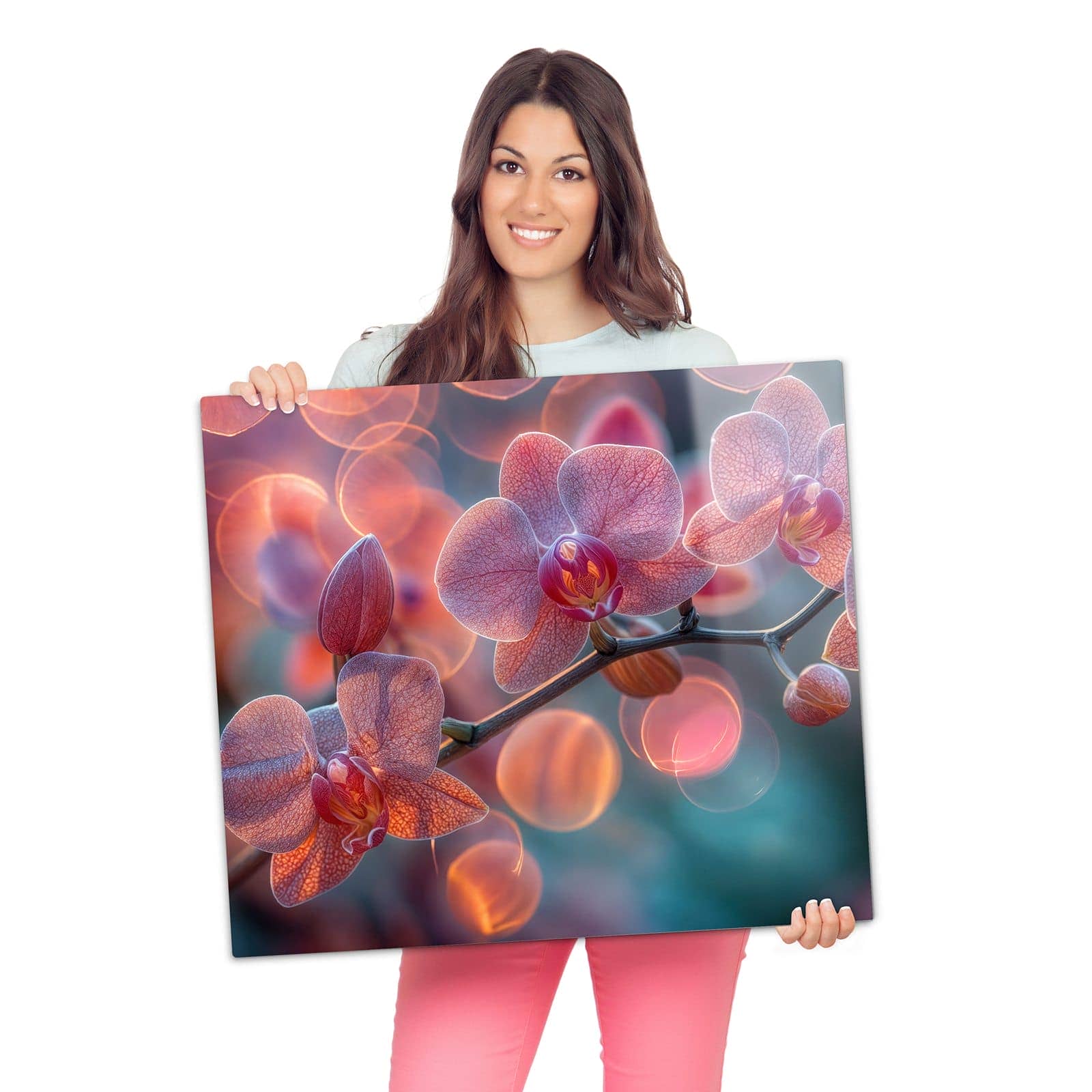 1-teilige Herdabdeckplatte mit Orchidee Bokeh-Motiv wird zur Größendarstellung gehalten