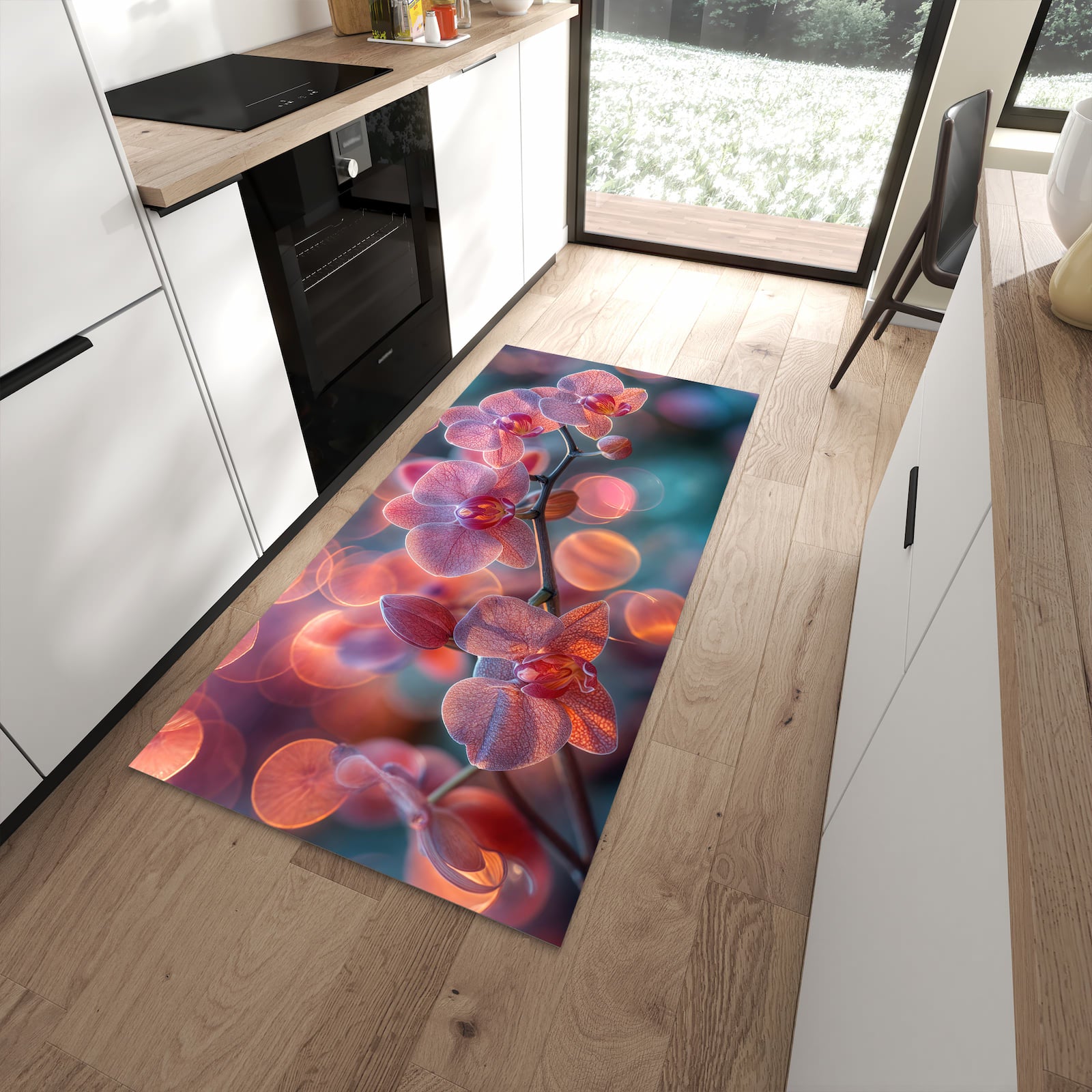 Fleckenresistenter Küchenteppich mit Motiv Orchidee Bokeh in moderner Küche