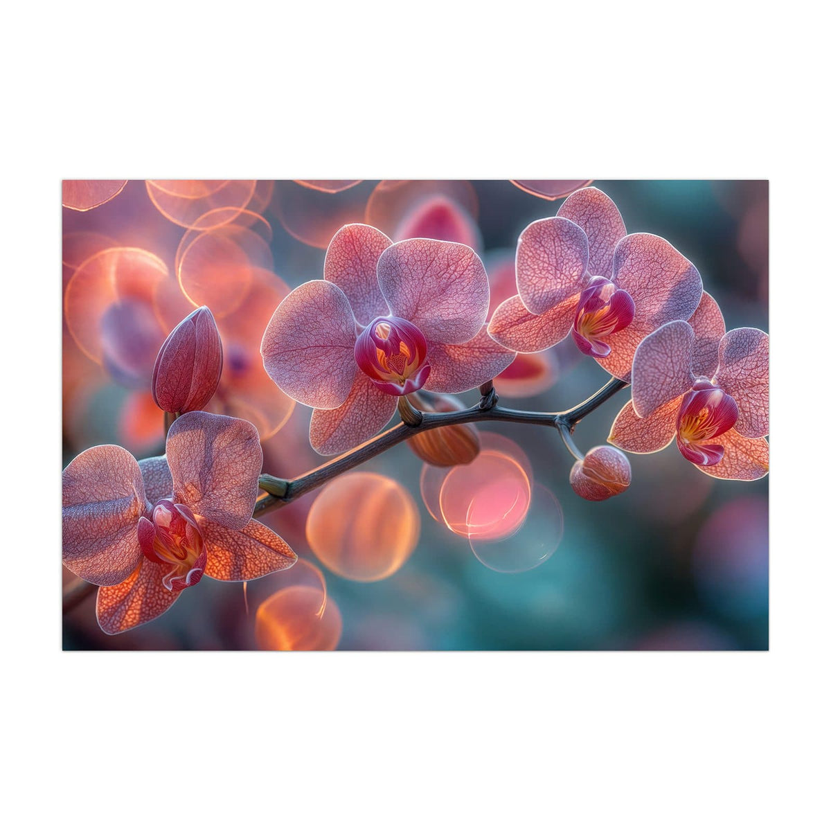 Küchenrückwand aus Glas Orchideen vor Orange im Hochformat, Motiv bildfüllend von vorn