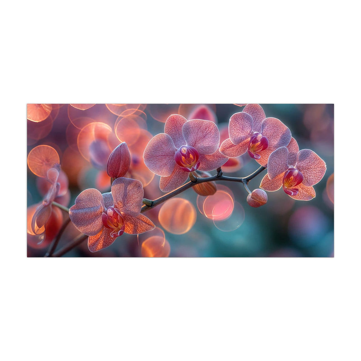 Küchenrückwand aus Glas Orchideen vor Orange im Hochformat, Motiv bildfüllend von vorn