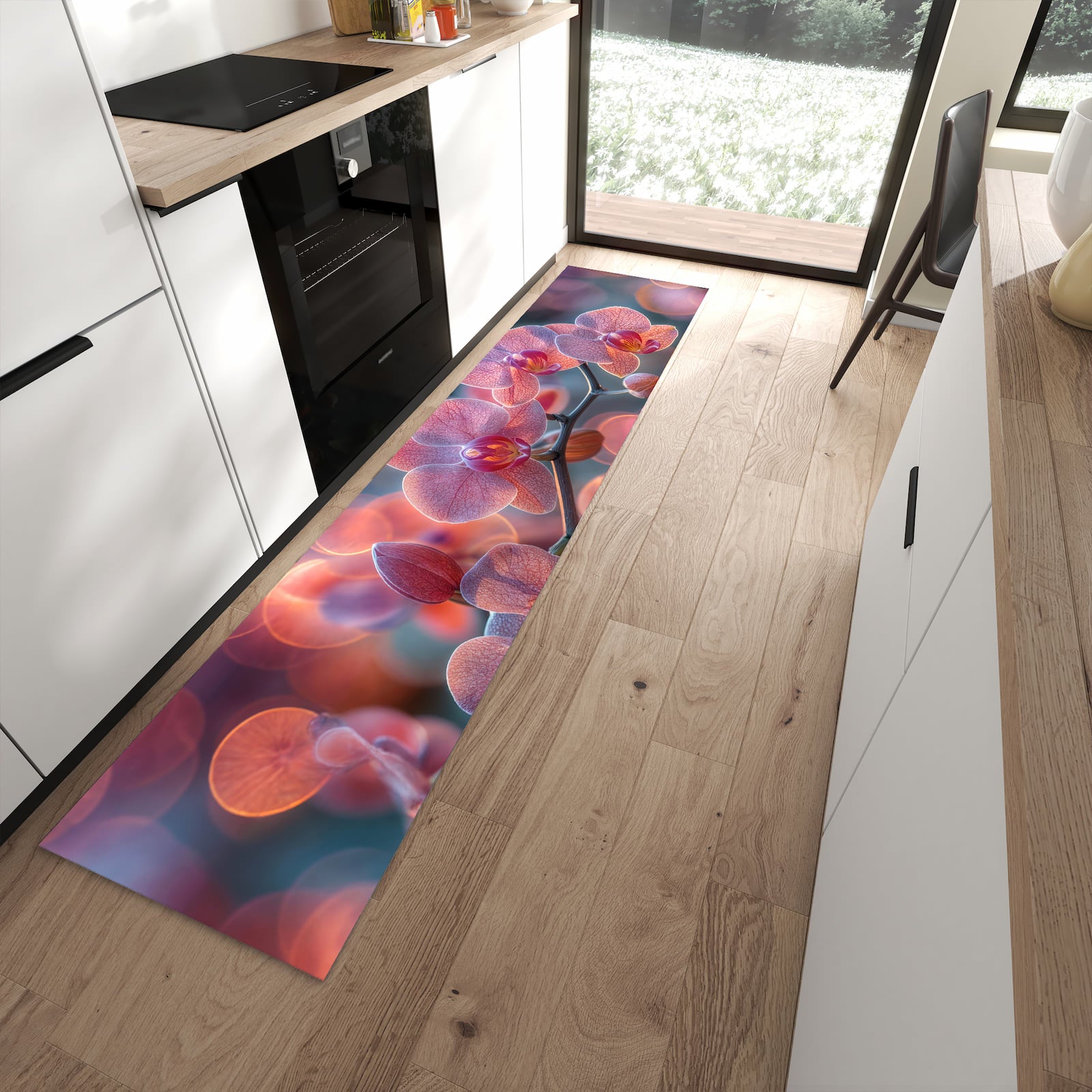 Abwaschbarer Küchenläufer mit Motiv Orchidee Bokeh in moderner Küche