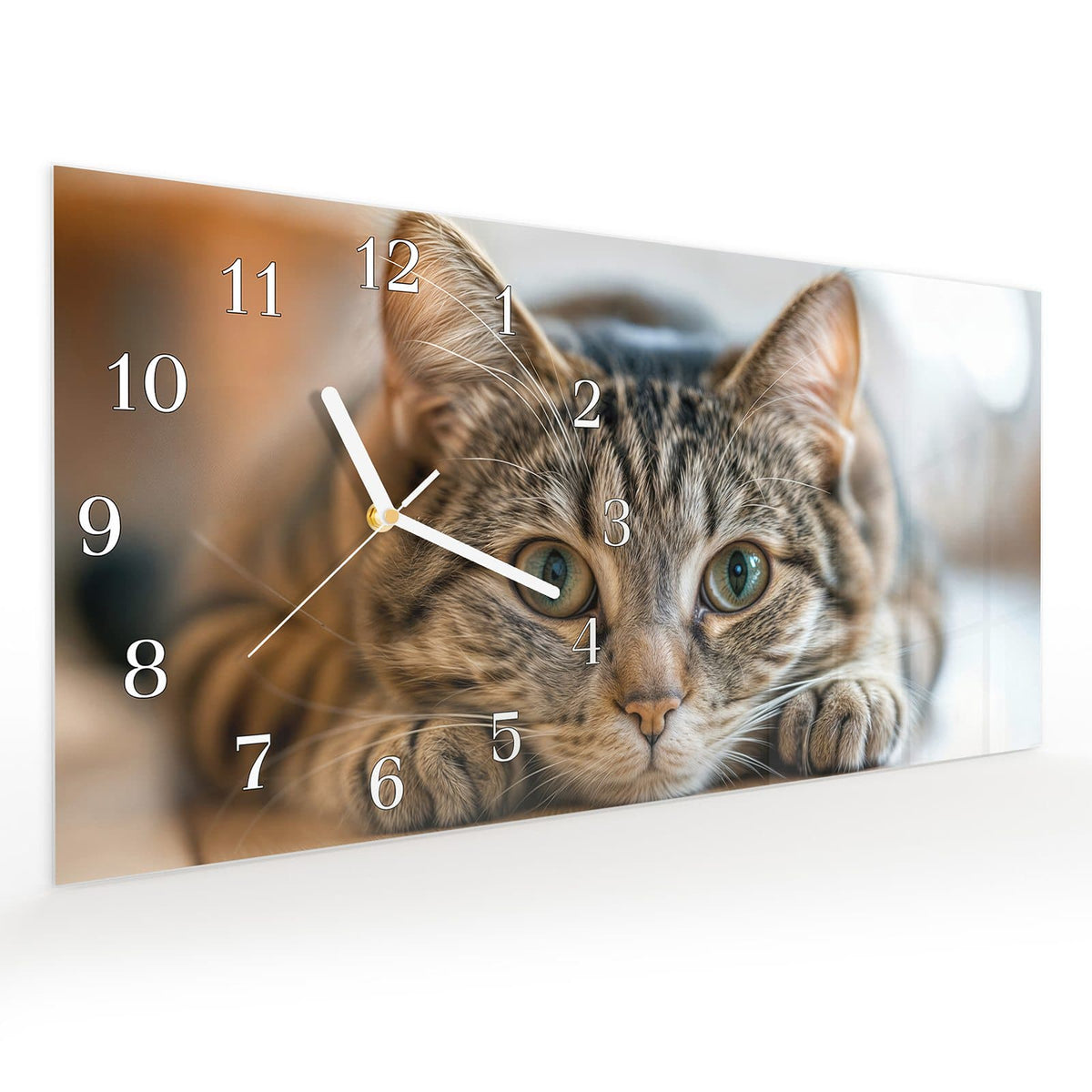 Vormontiert – mit Schwebeeffekt – Wanduhr Kuschelnde Katze aus Glas – Querformat 60 × 30 cm