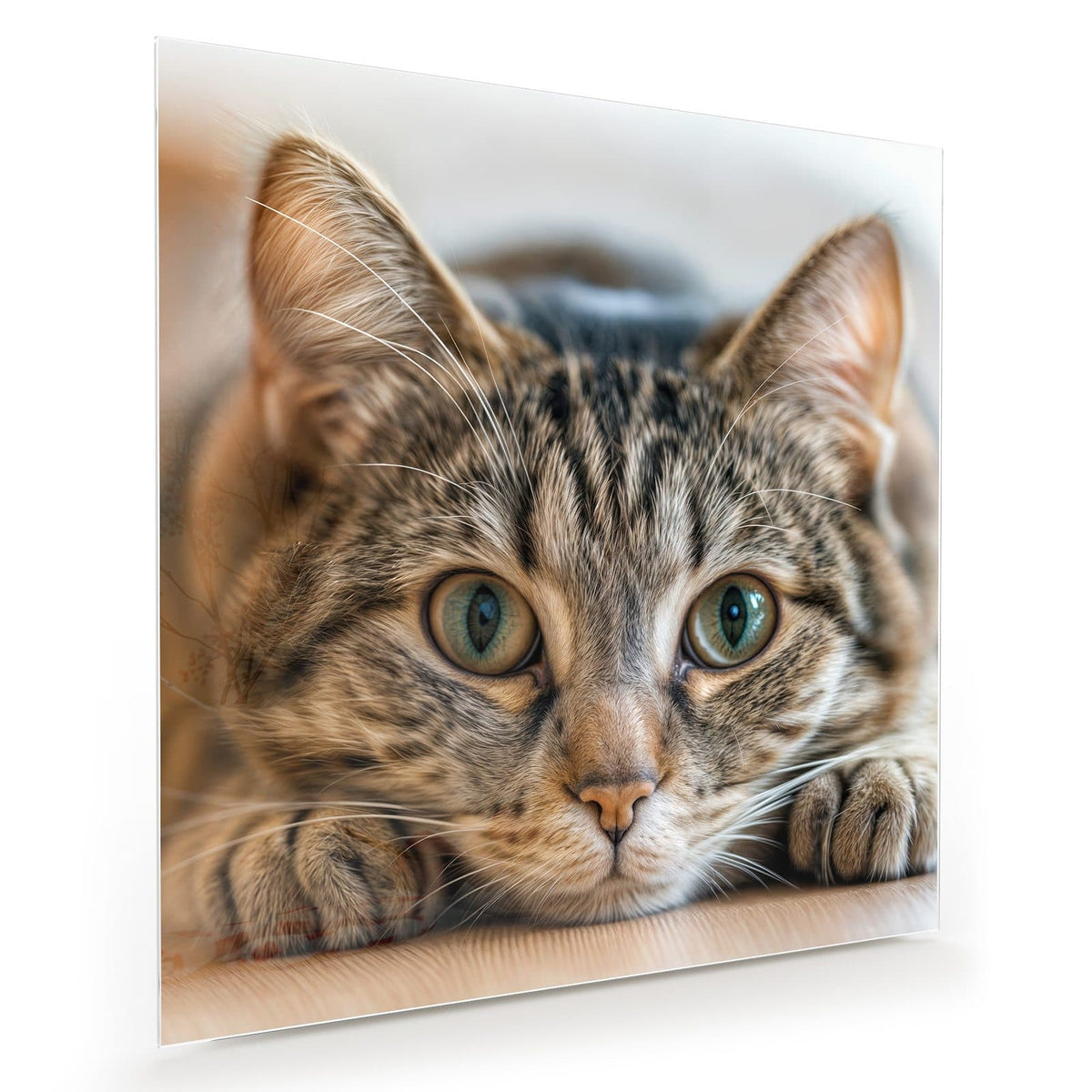 Getigerte Katze liegt flach, Kopf zwischen den Vorderpfoten, große grüne Augen