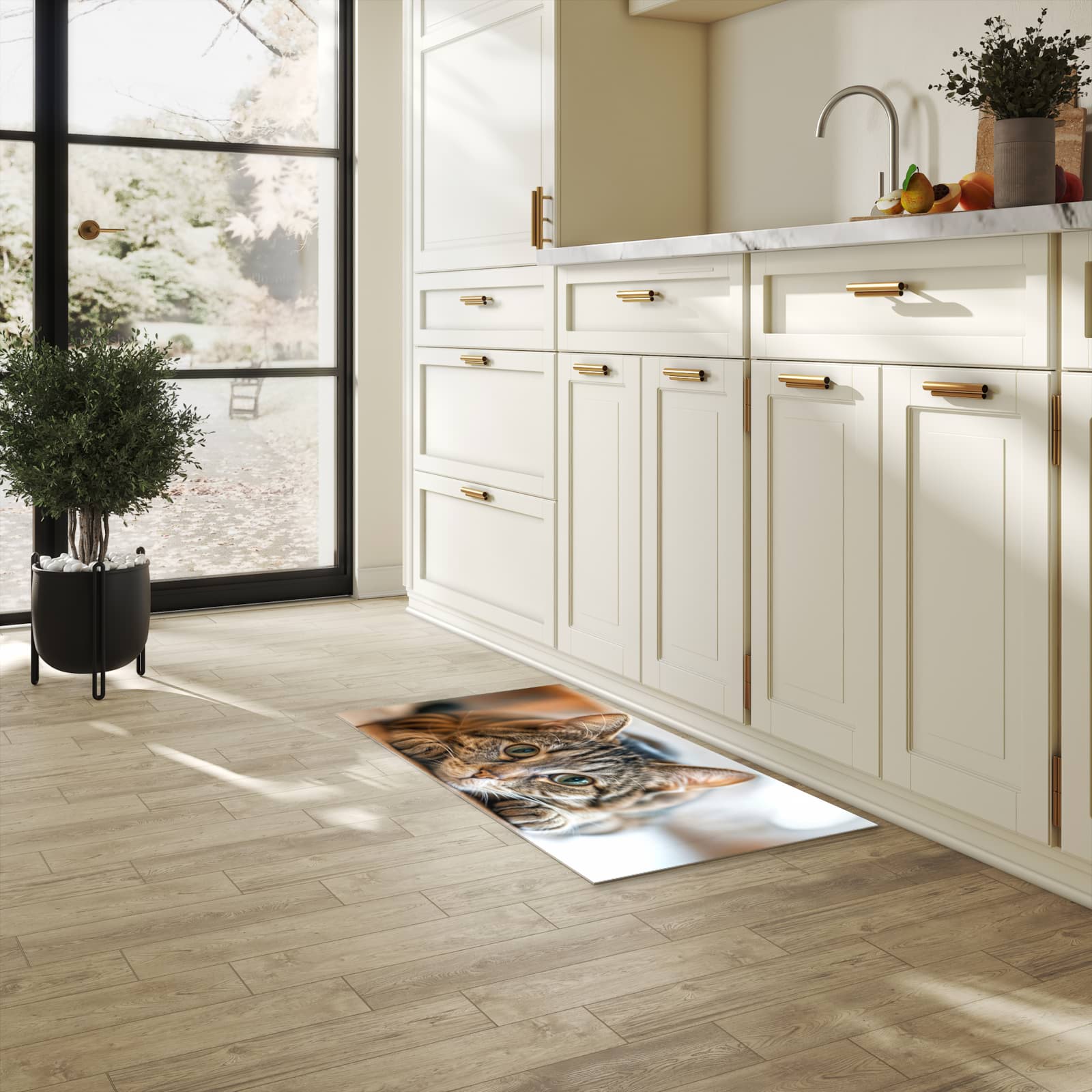 Komfortabler Läufer mit Motiv Katzenschmuseerlebnis in heller Küche für rutschfesten Stand