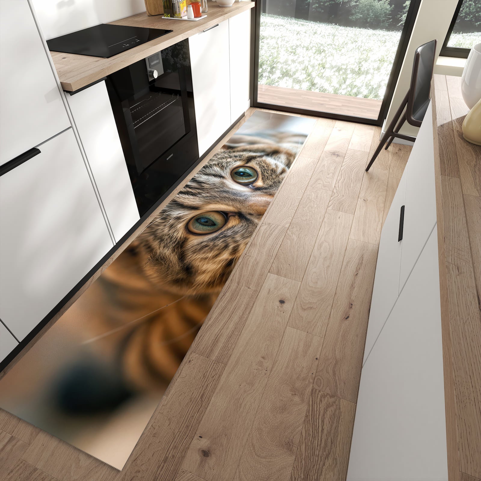 Küchenteppich mit Motiv Katzenschmuseerlebnis für angenehme Haptik in moderner Küche