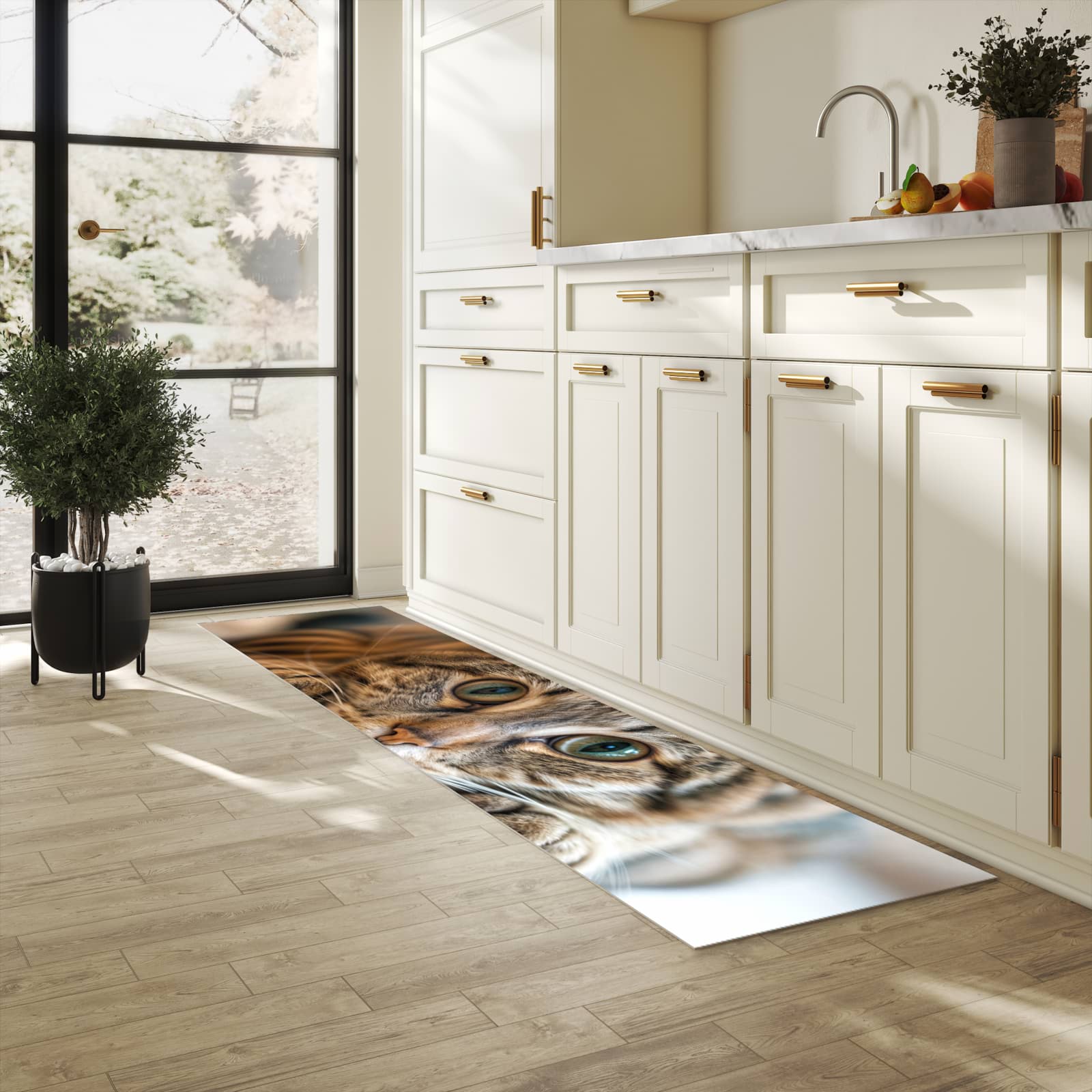 Hygienischer Teppich fürs Esszimmer mit Motiv Katzenschmuseerlebnis in heller Küche