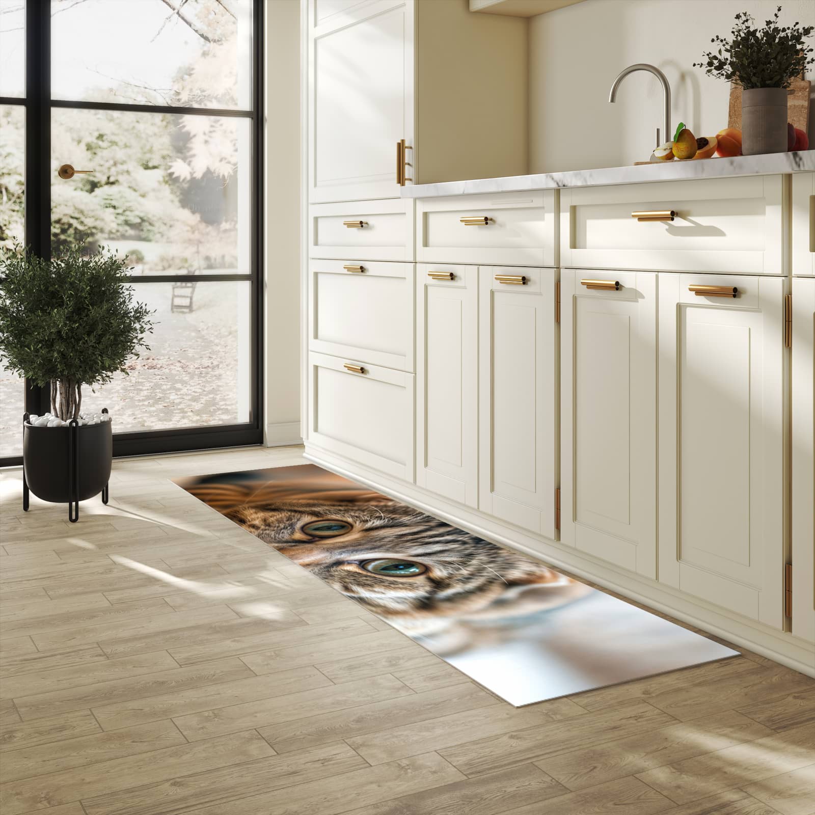 Dünner waschbarer Küchenteppich mit Motiv Katzenschmuseerlebnis für angenehme Haptik in heller Küche