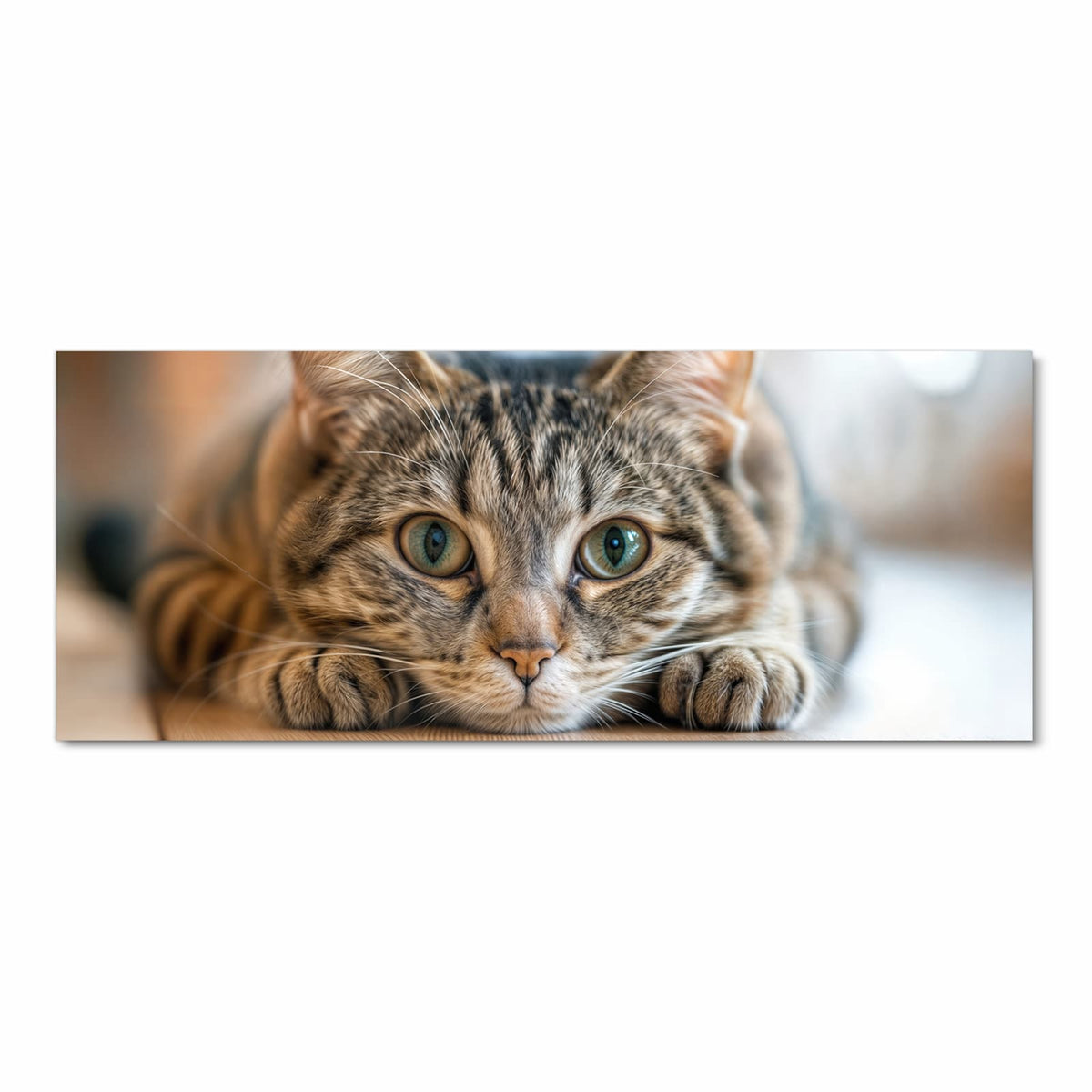 Getigerte Katze liegt flach, Kopf zwischen den Vorderpfoten, große grüne Augen