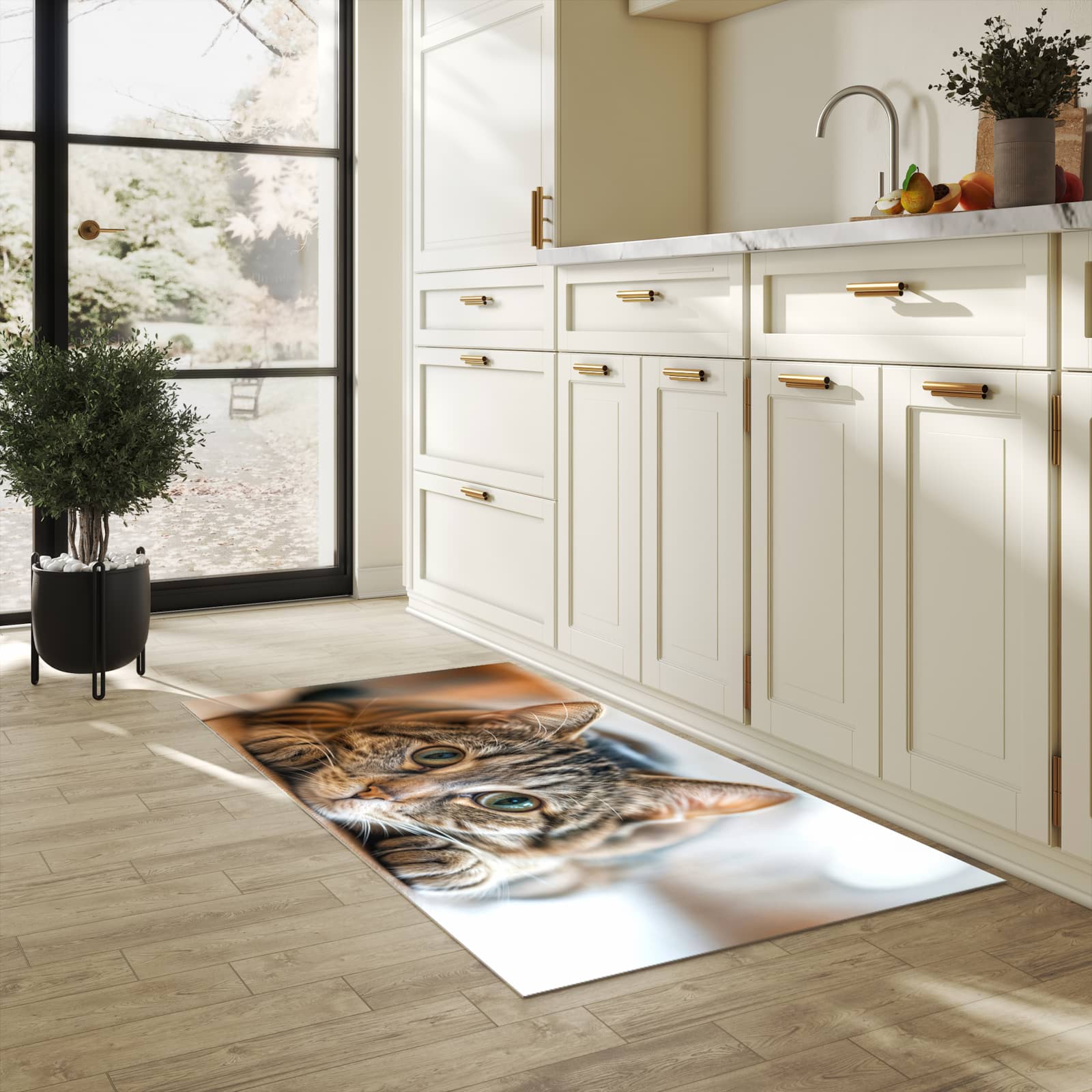 Küchenteppich mit Motiv Katzenschmuseerlebnis für Ordnung & Übersicht in heller Küche