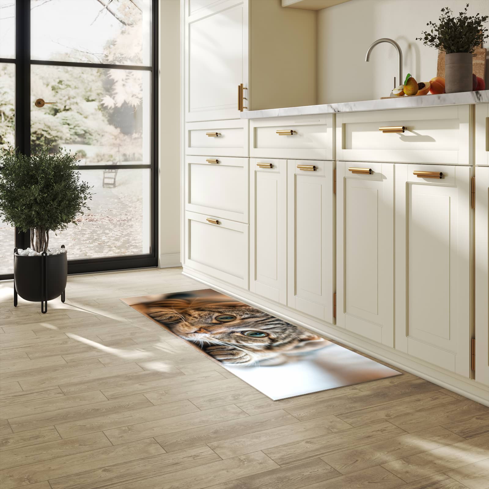 Rutschfester Küchenteppich mit Motiv Katzenschmuseerlebnis in heller Küche, einfach zu reinigen