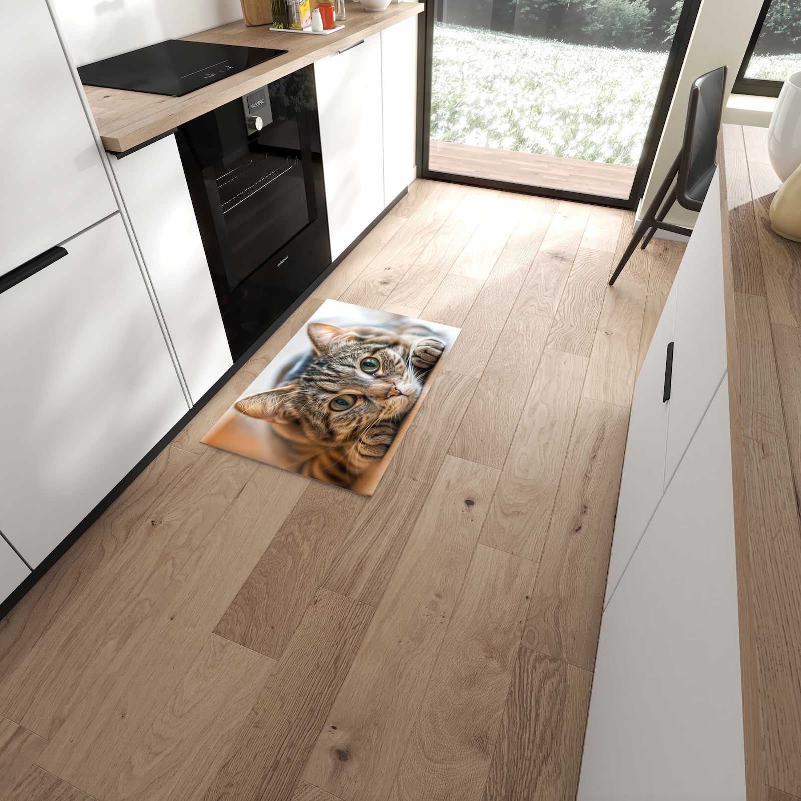 Hygienischer Küchenläufer mit Motiv Katzenschmuseerlebnis in moderner Küche