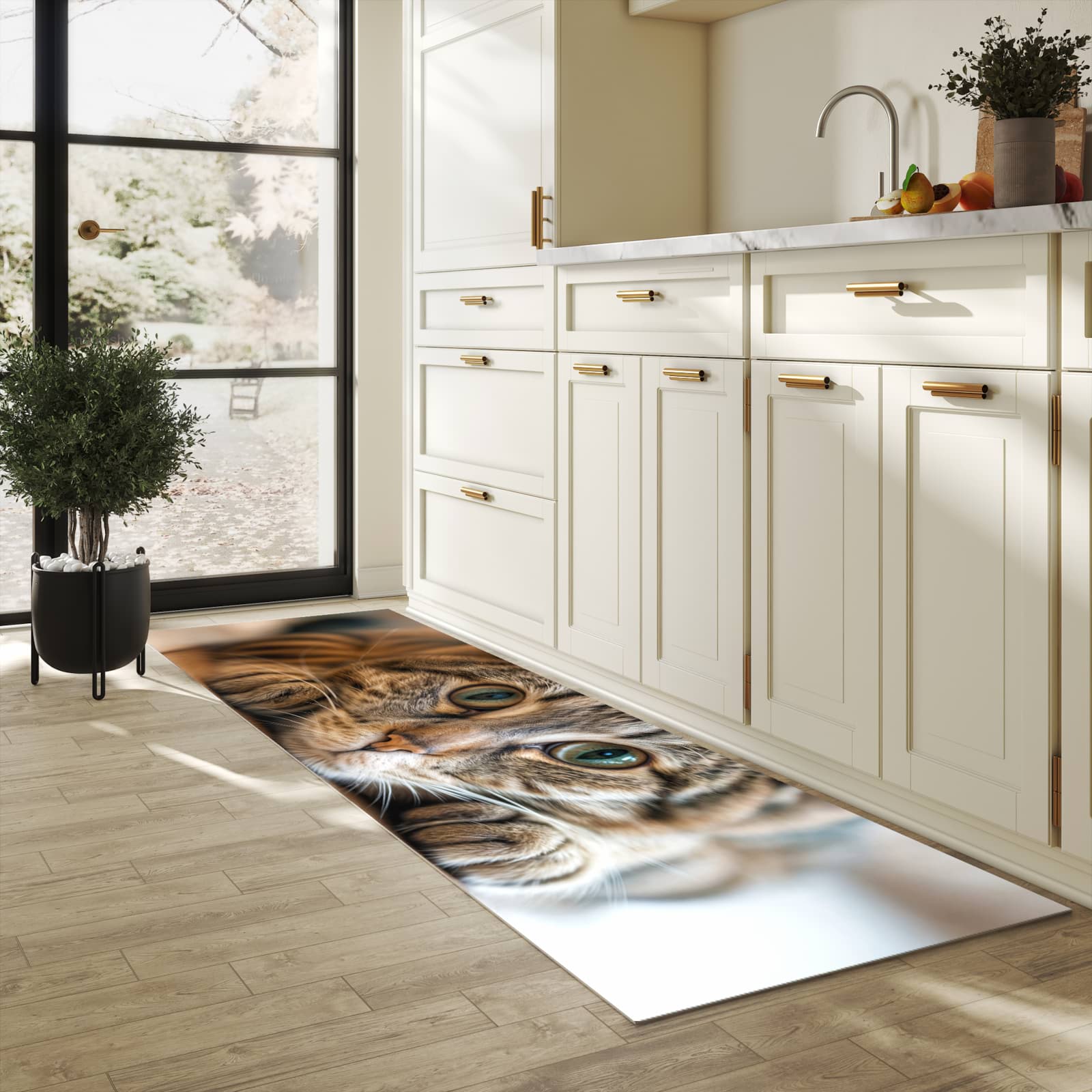 Feuchtigkeitsresistenter Küchenteppich mit Motiv Katzenschmuseerlebnis in heller Küche