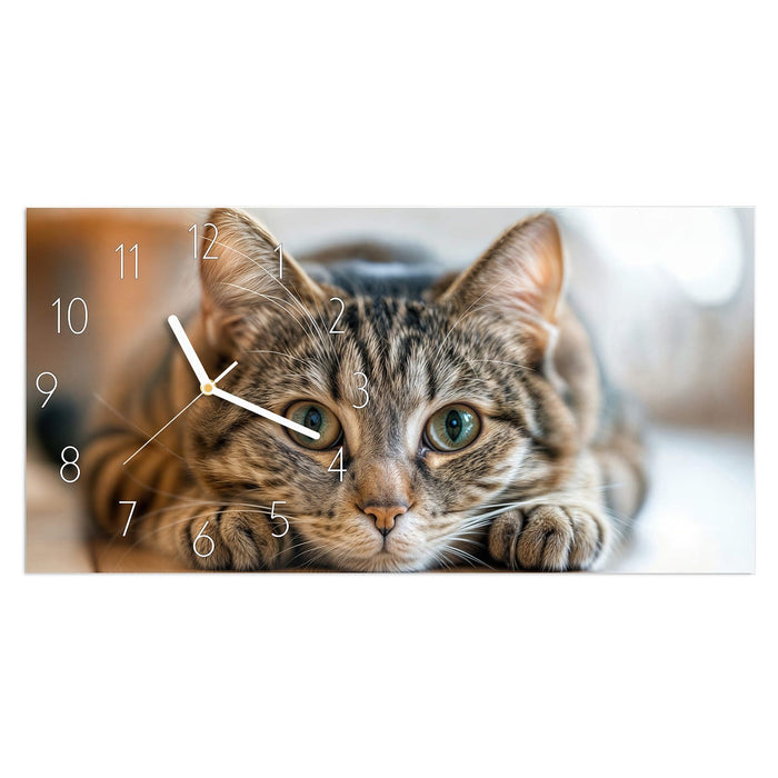 Wanduhr Kuschelnde Katze aus Glas – Querformat 60 × 30 cm mit Ziffernblatt Elegant