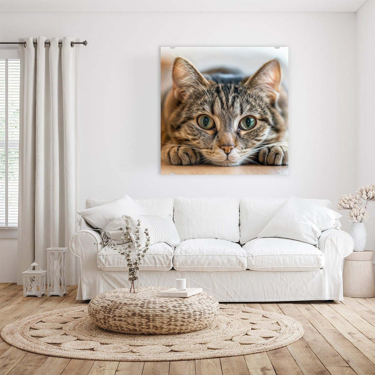 Getigerte Katze liegt flach, Kopf zwischen den Vorderpfoten, große grüne Augen