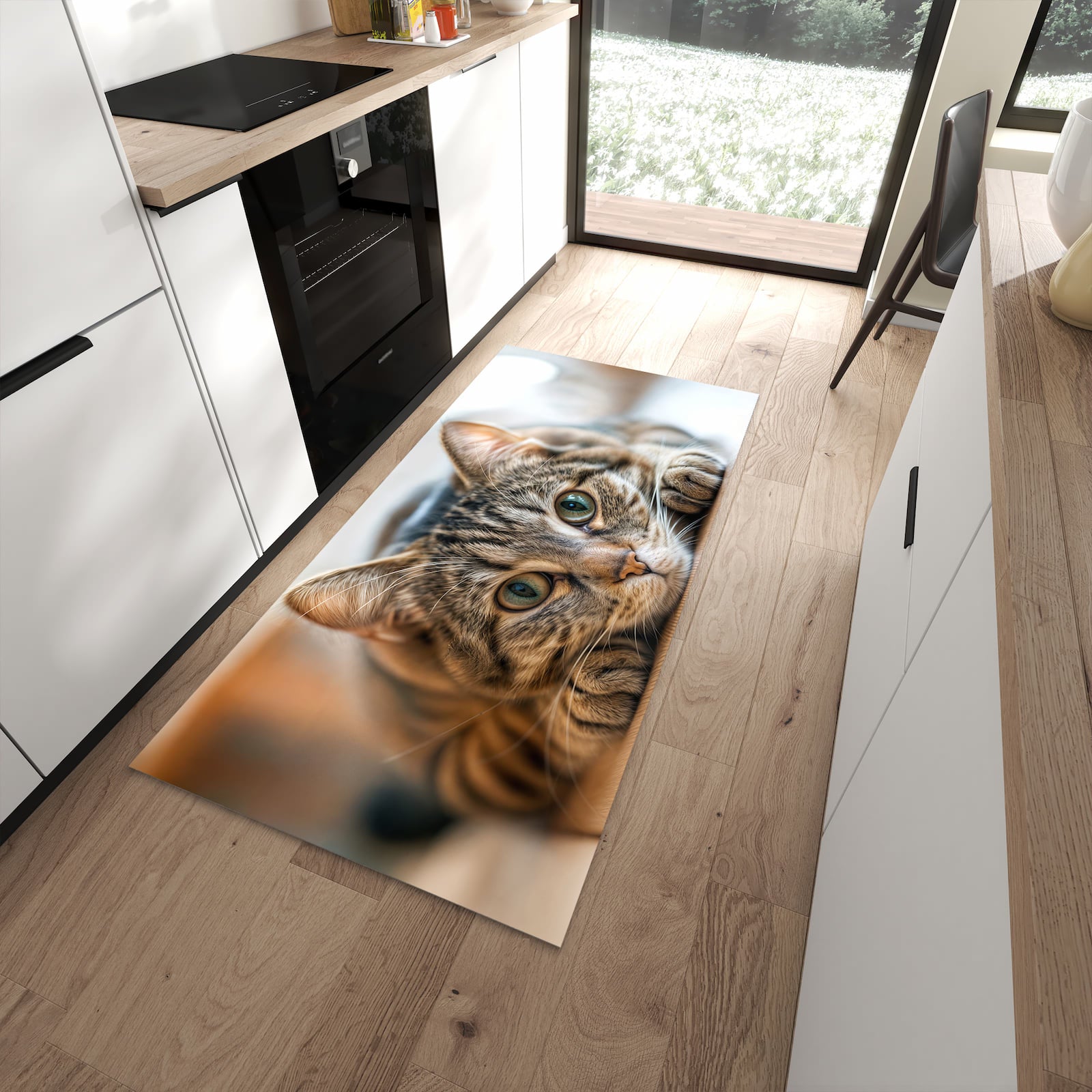 Feuchtigkeitsresistenter waschbarer Küchenläufer mit Motiv Katzenschmuseerlebnis in moderner Küche