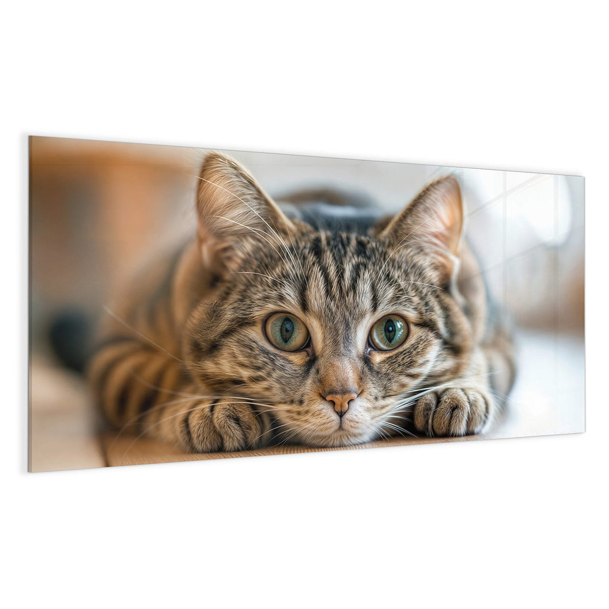 Getigerte Katze liegt flach, Kopf zwischen den Vorderpfoten, große grüne Augen
