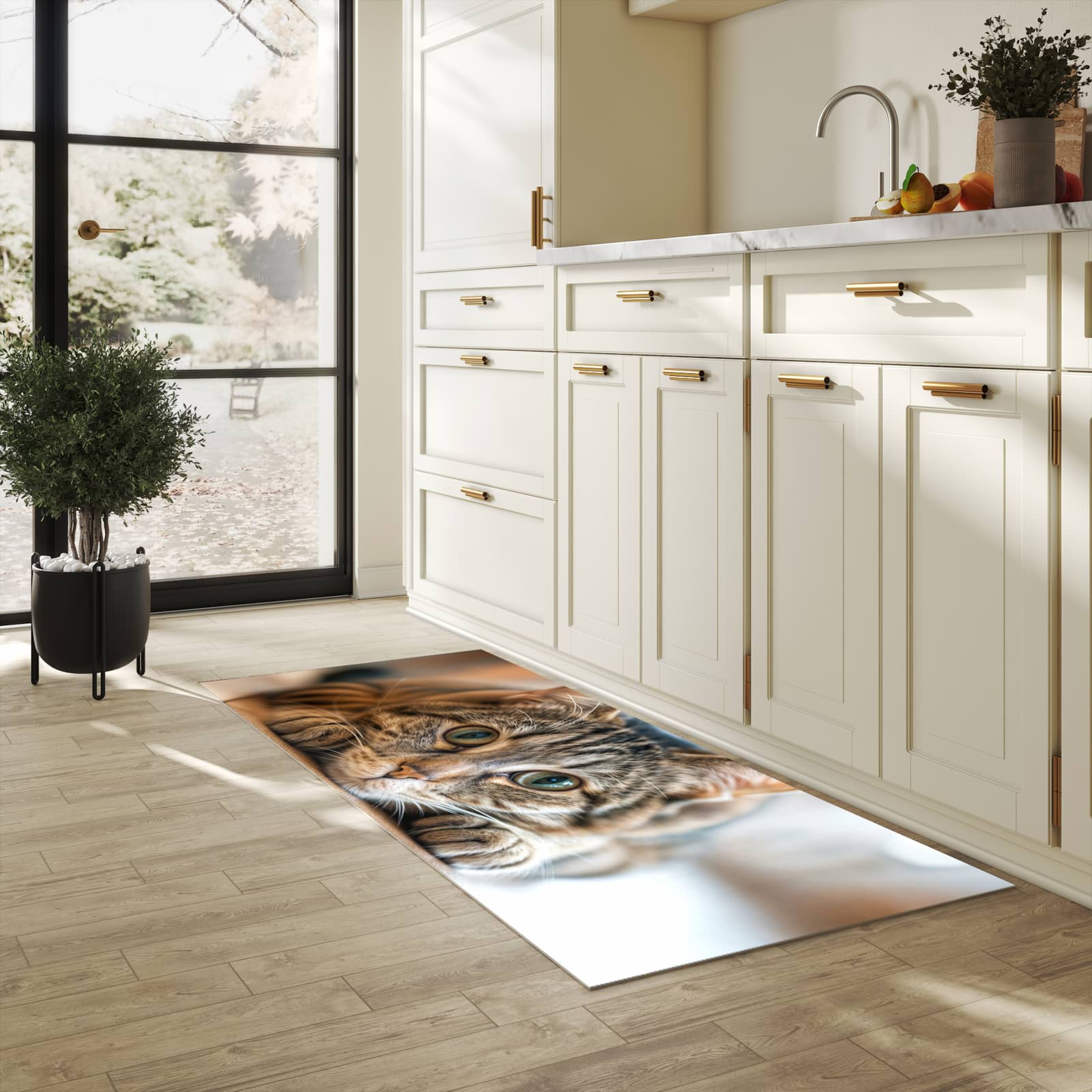 Langlebiger Bodenläufer mit Motiv Katzenschmuseerlebnis in heller Küche