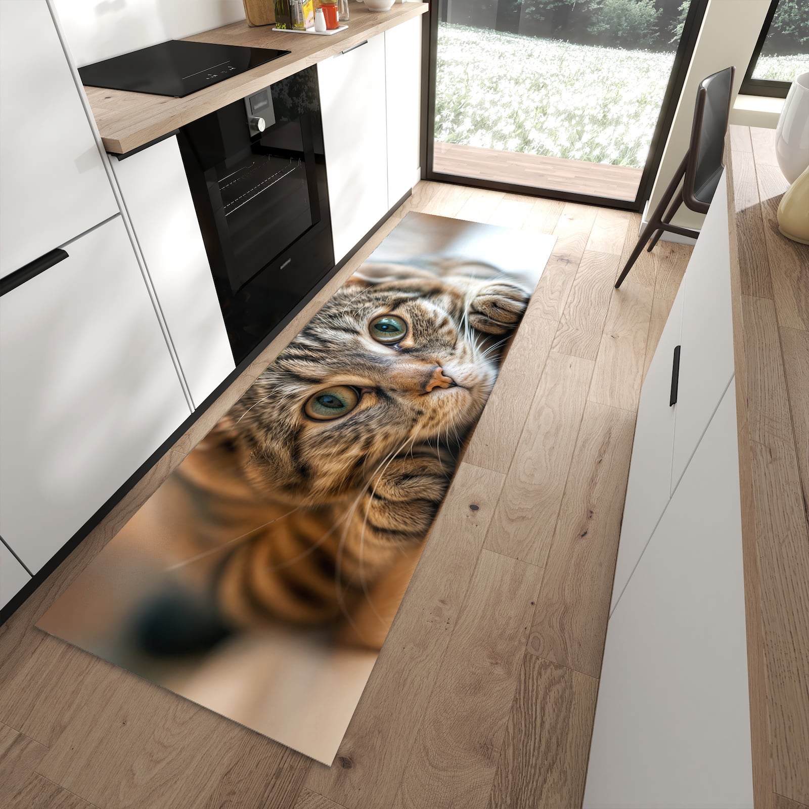 Waschbarer Küchenläufer mit Motiv Katzenschmuseerlebnis in moderner Küche