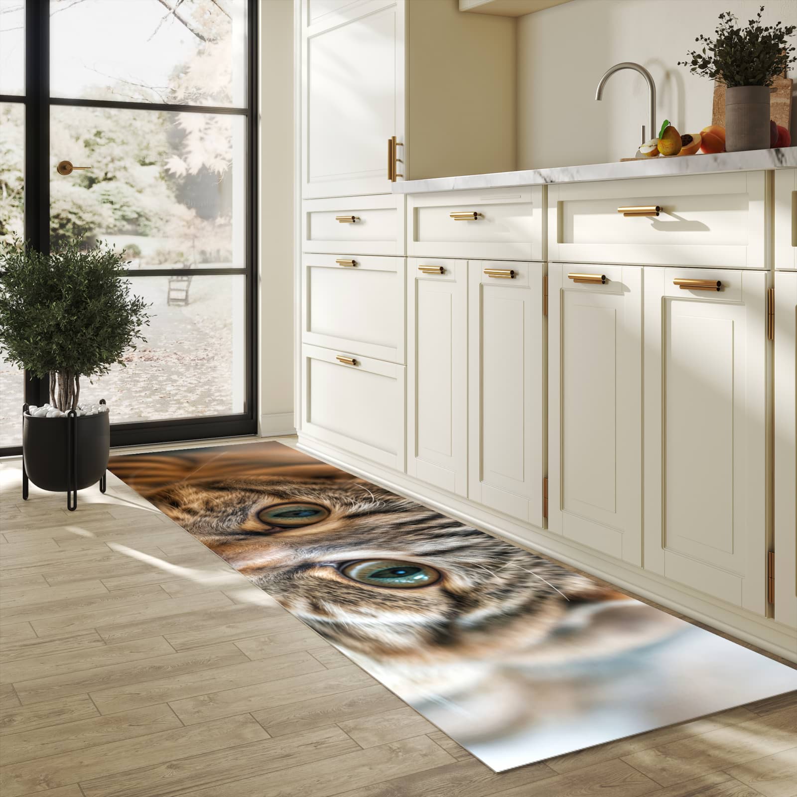 Bodenschonender Küchenteppich mit Motiv Katzenschmuseerlebnis in heller Küche