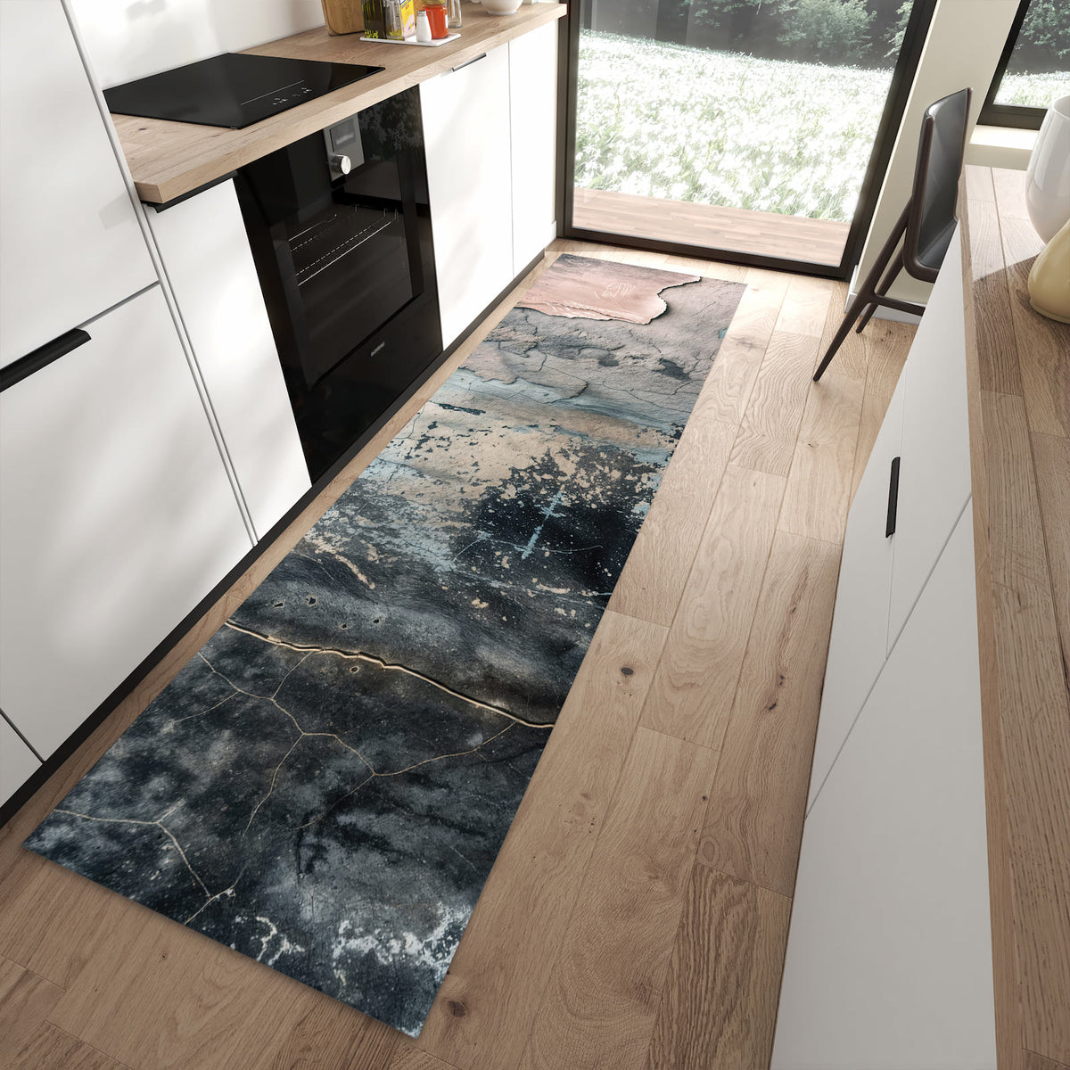 Fleckenresistenter waschbarer Küchenteppich mit Motiv Abstrakte Textur in moderner Küche