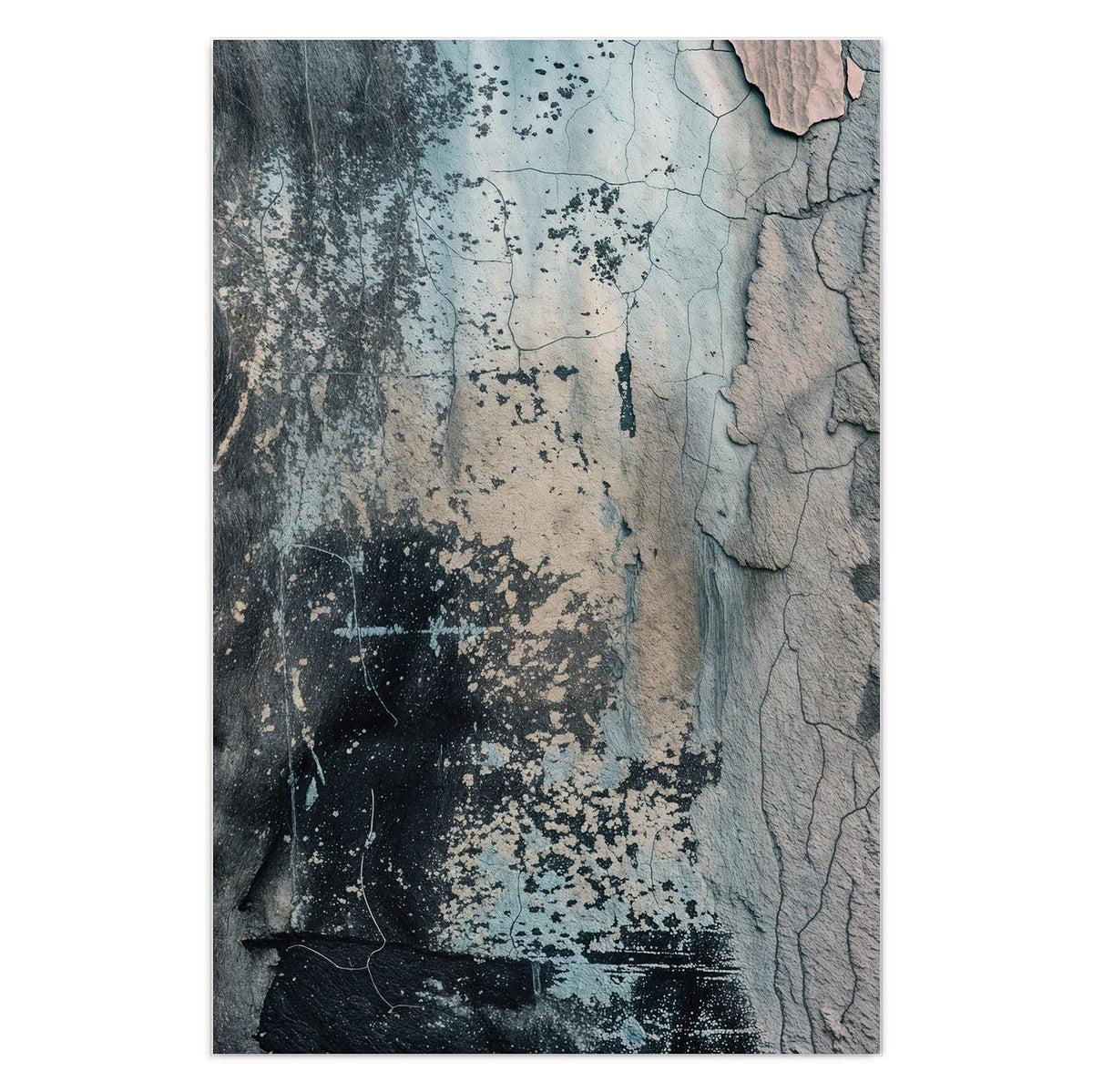 Rissige Wand in Blaugrau und Schwarz mit abgeplatzten Stellen in Rosé und Beige
