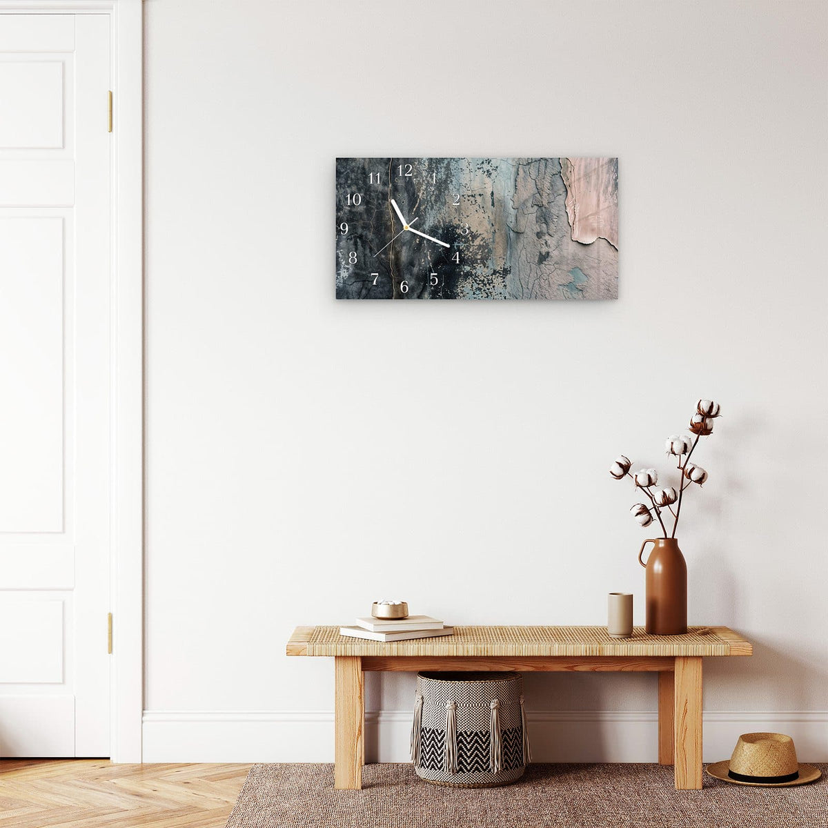 Moderne Wanduhr aus Glas mit Farbtiefe – Wanduhr Abstrakte Fläche aus Glas – Querformat 60 × 30 cm