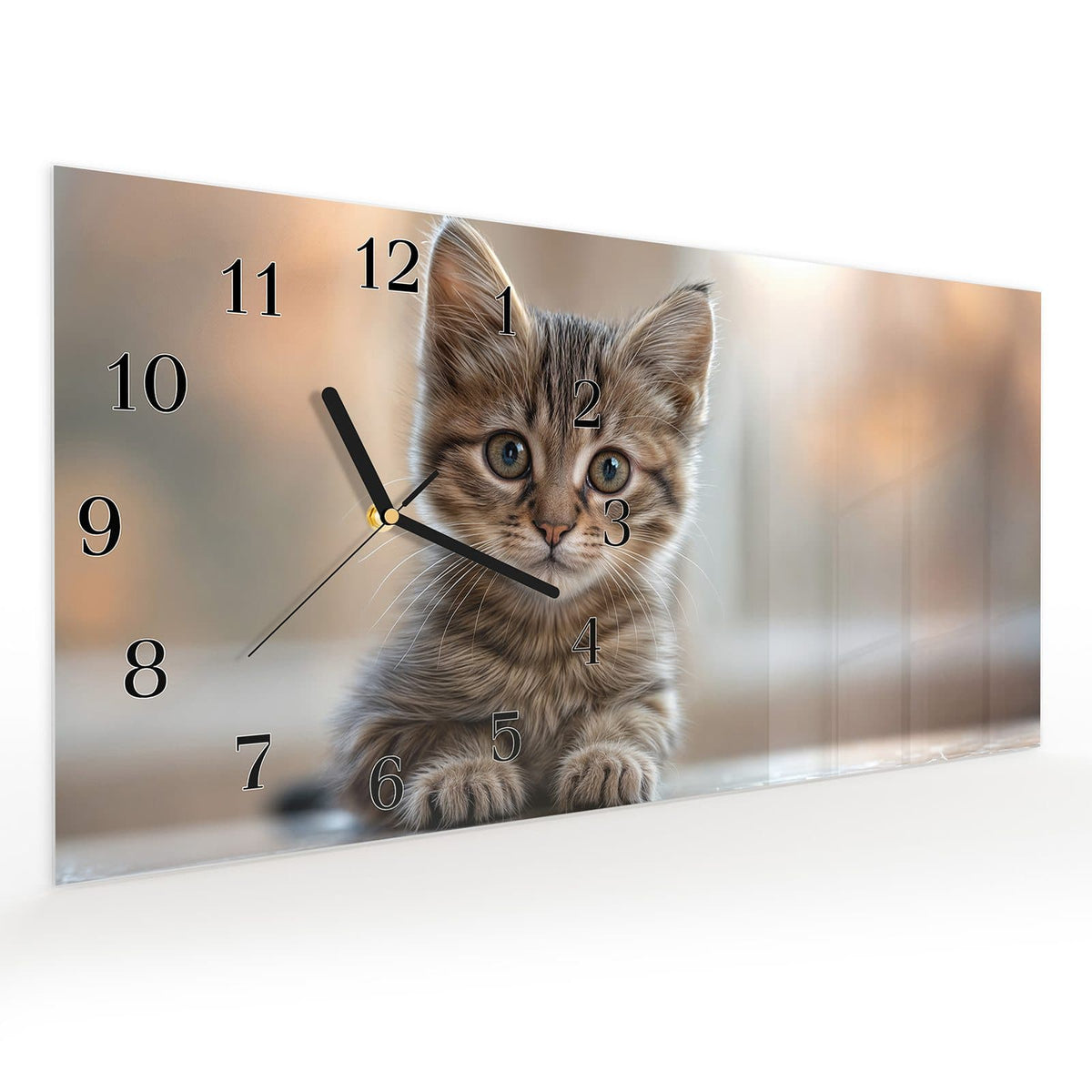 Vormontiert – mit Schwebeeffekt – Wanduhr Katzenjunges aus Glas – Querformat 60 × 30 cm