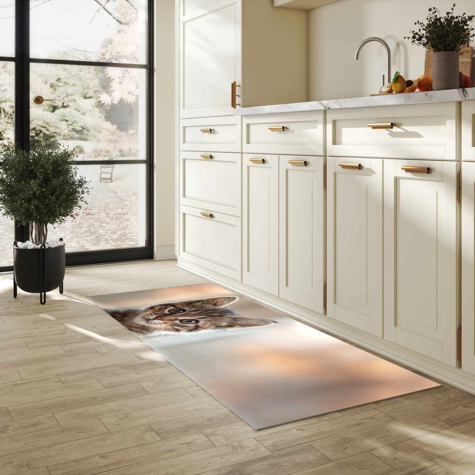 Feuchtigkeitsresistenter Teppich für Küche mit Motiv Katzenjunges in heller Küche