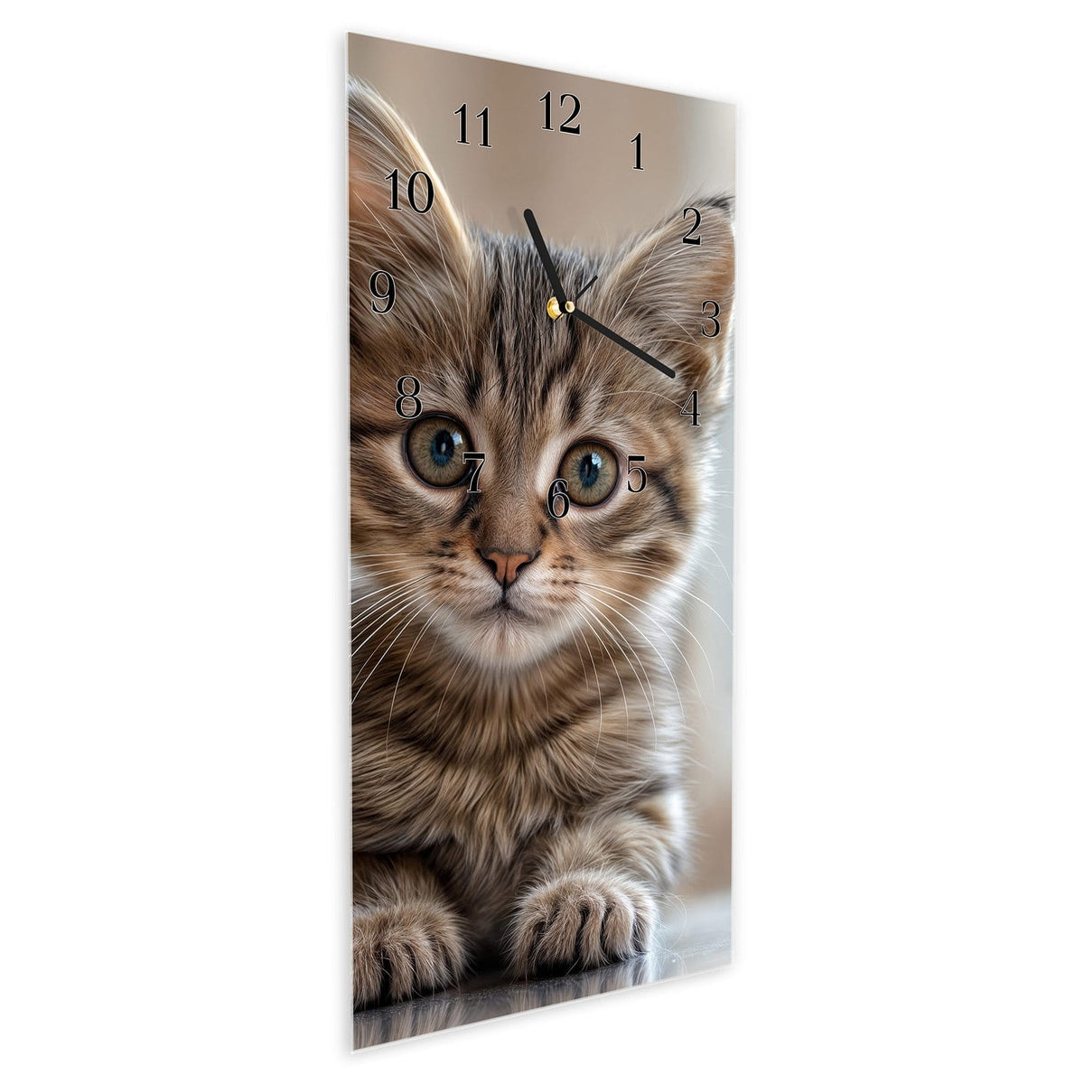 Vormontiert – mit Schwebeeffekt – Wanduhr Katzenjunges aus Glas – Hochformat 30 × 60 cm