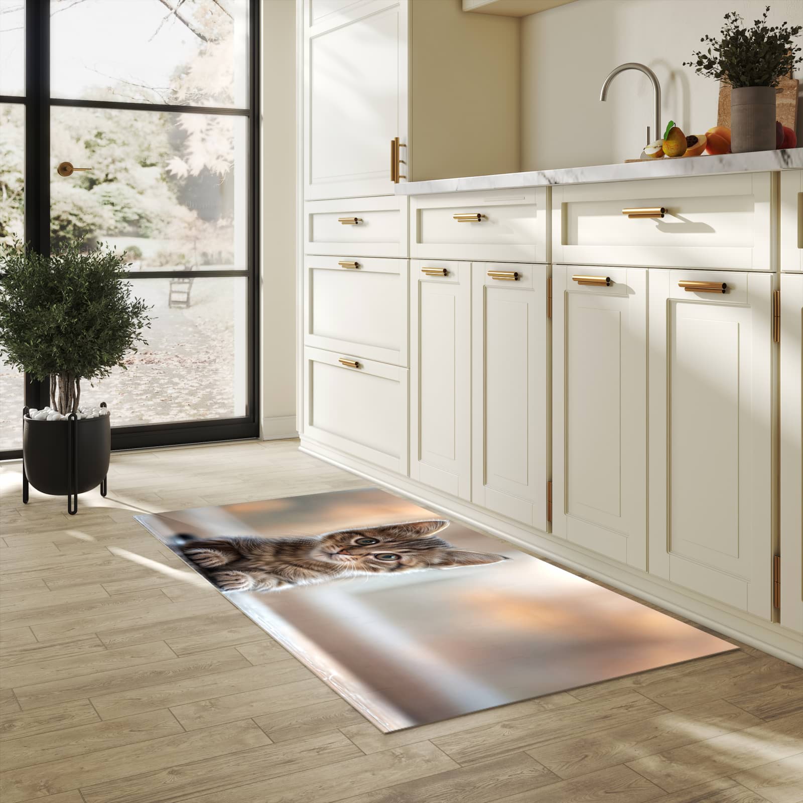 Farbbeständiger Küchenteppich mit Motiv Katzenjunges in heller Küche