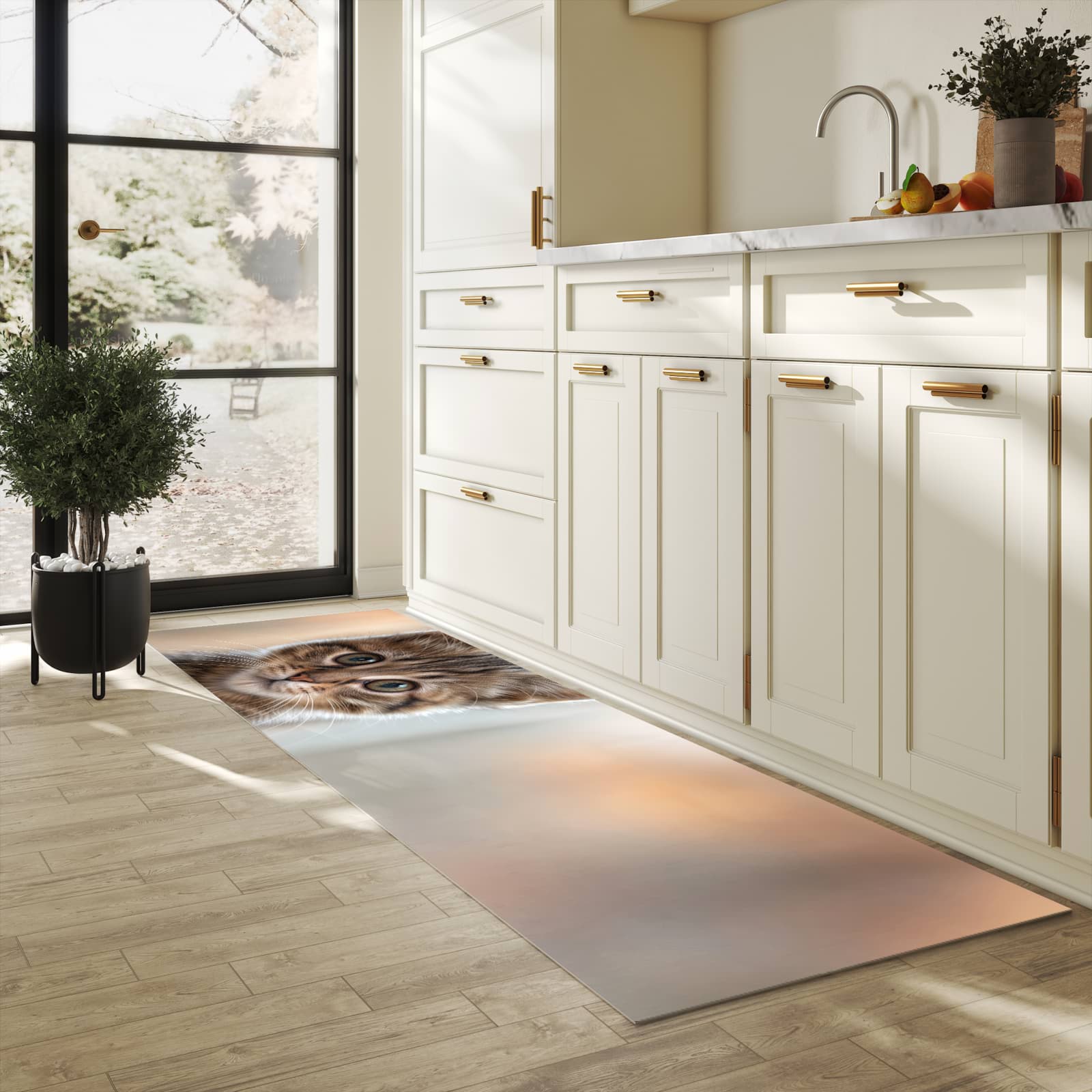Küchenteppich mit Motiv Katzenjunges für Ordnung in heller Küche