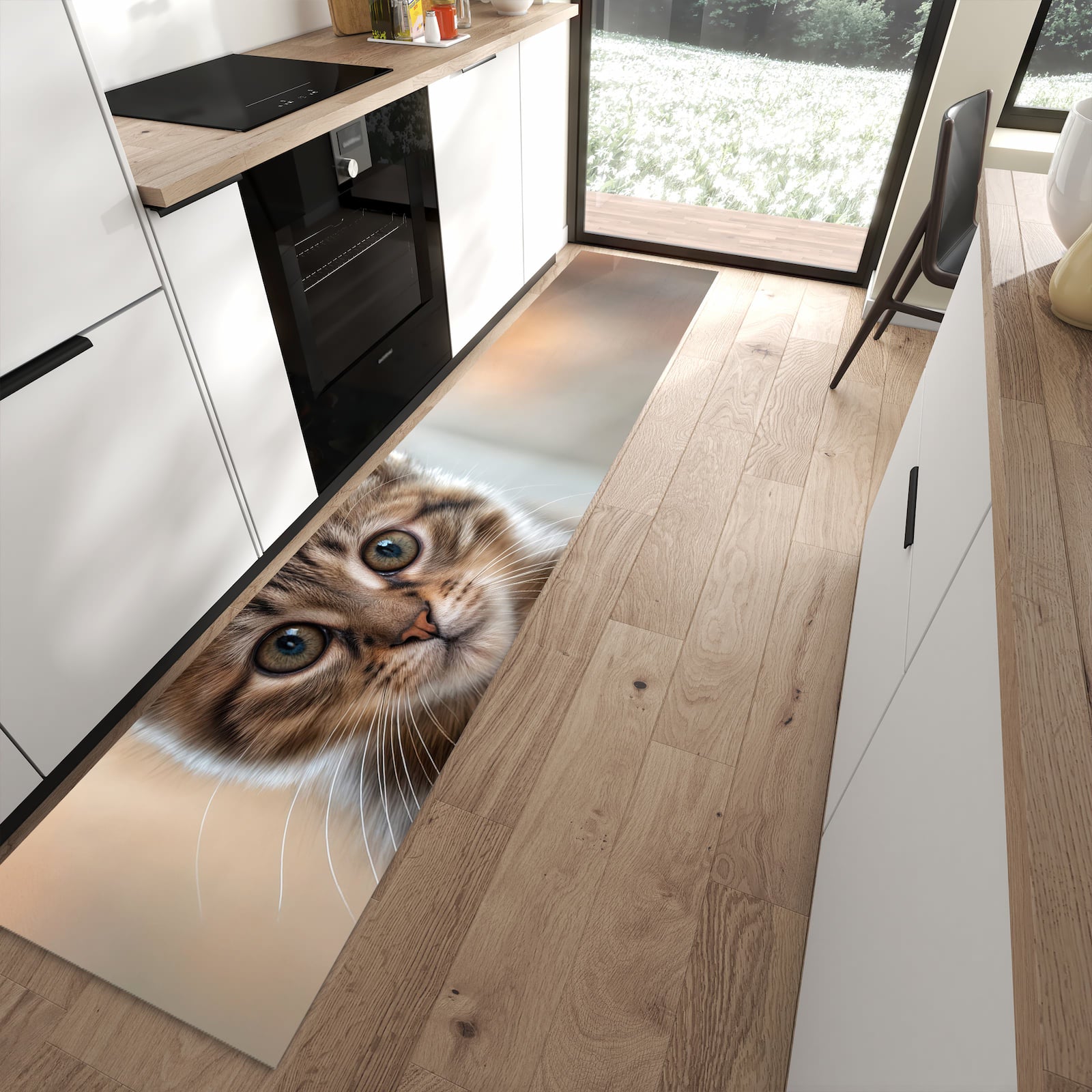Strapazierfähiger Küchenläufer mit Motiv Katzenjunges in moderner Küche