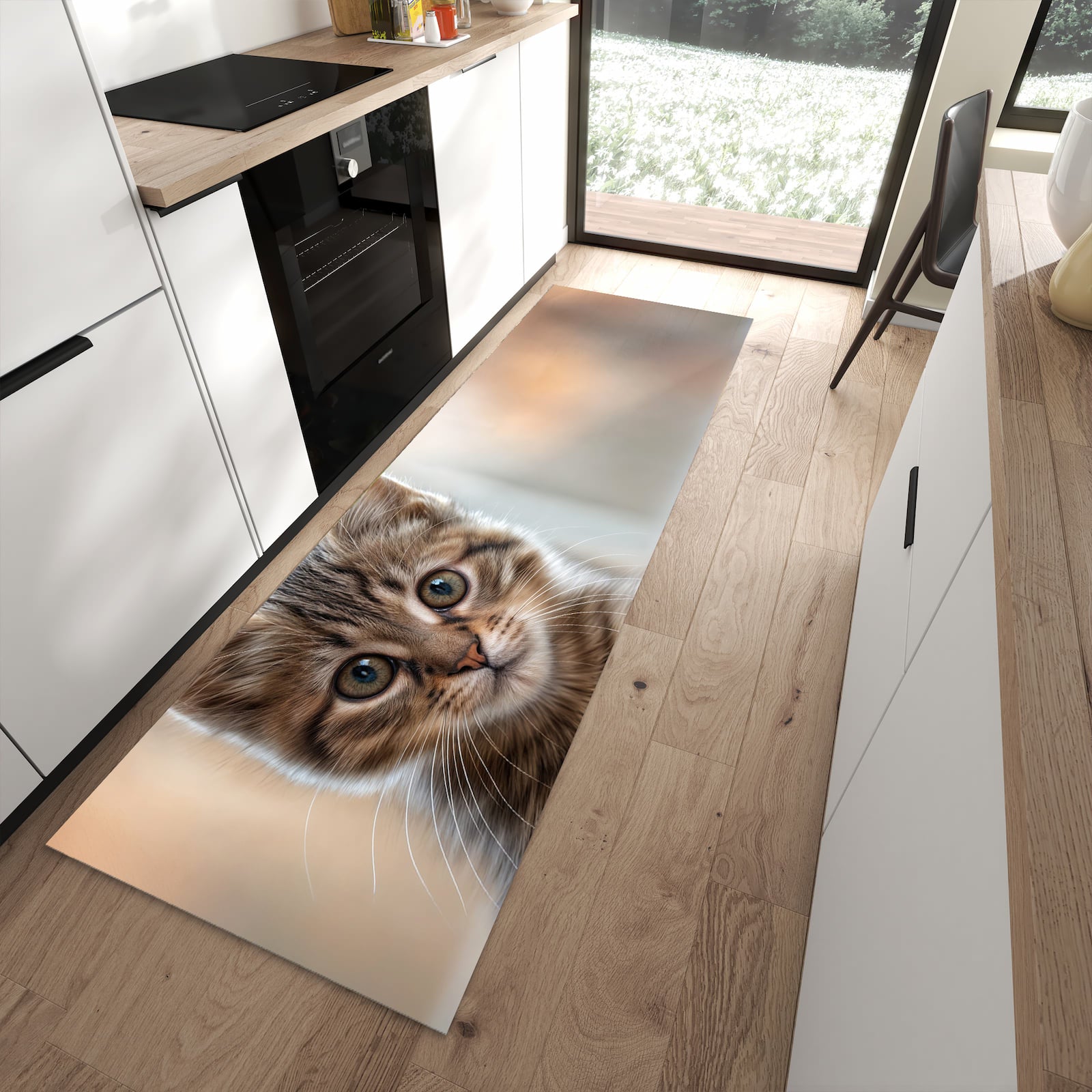 Rutschfester waschbarer Küchenläufer mit Motiv Katzenjunges in moderner Küche