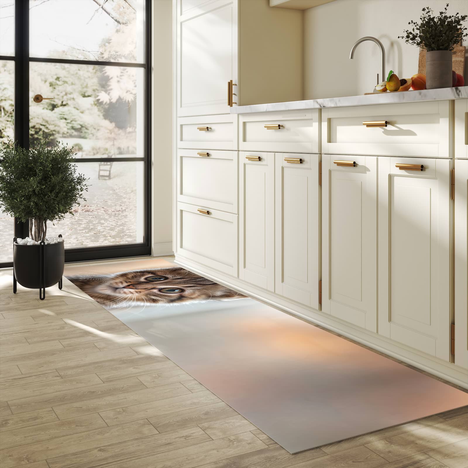Bodenschonender Küchenteppich mit Motiv Katzenjunges in heller Küche