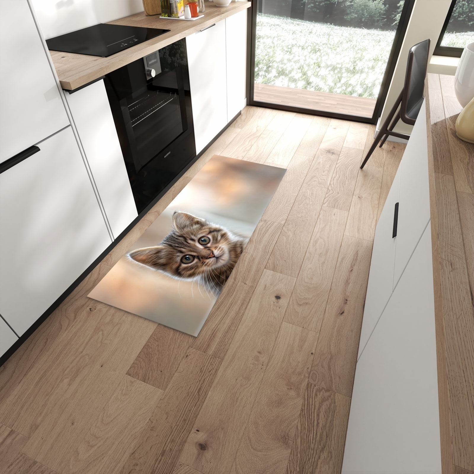 Rutschfester Küchenläufer mit Motiv Katzenjunges in moderner Küche #grösse_60 x 150 cm