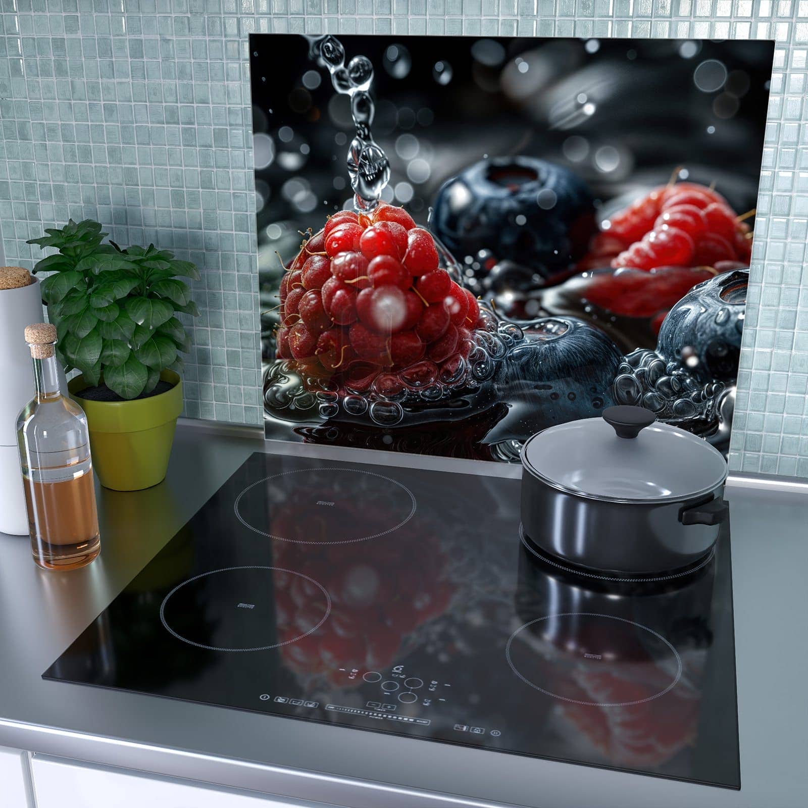 1-teilige Herdabdeckplatte mit Früchte im Wasser-Motiv als Spritzschutz hinter dem Kochfeld