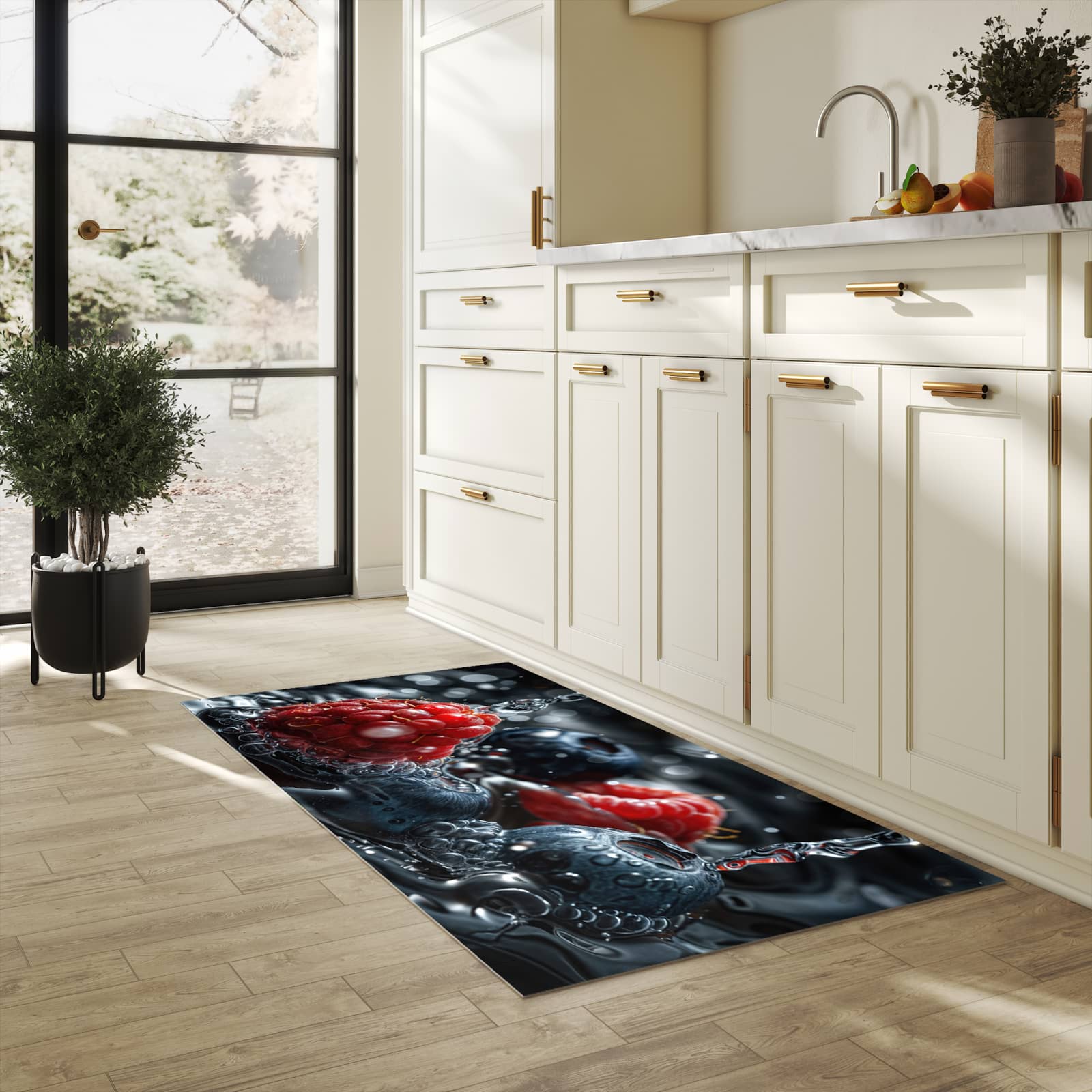 Komfortabler rutschfester Küchenläufer mit Motiv Früchte im Wasser in heller Küche