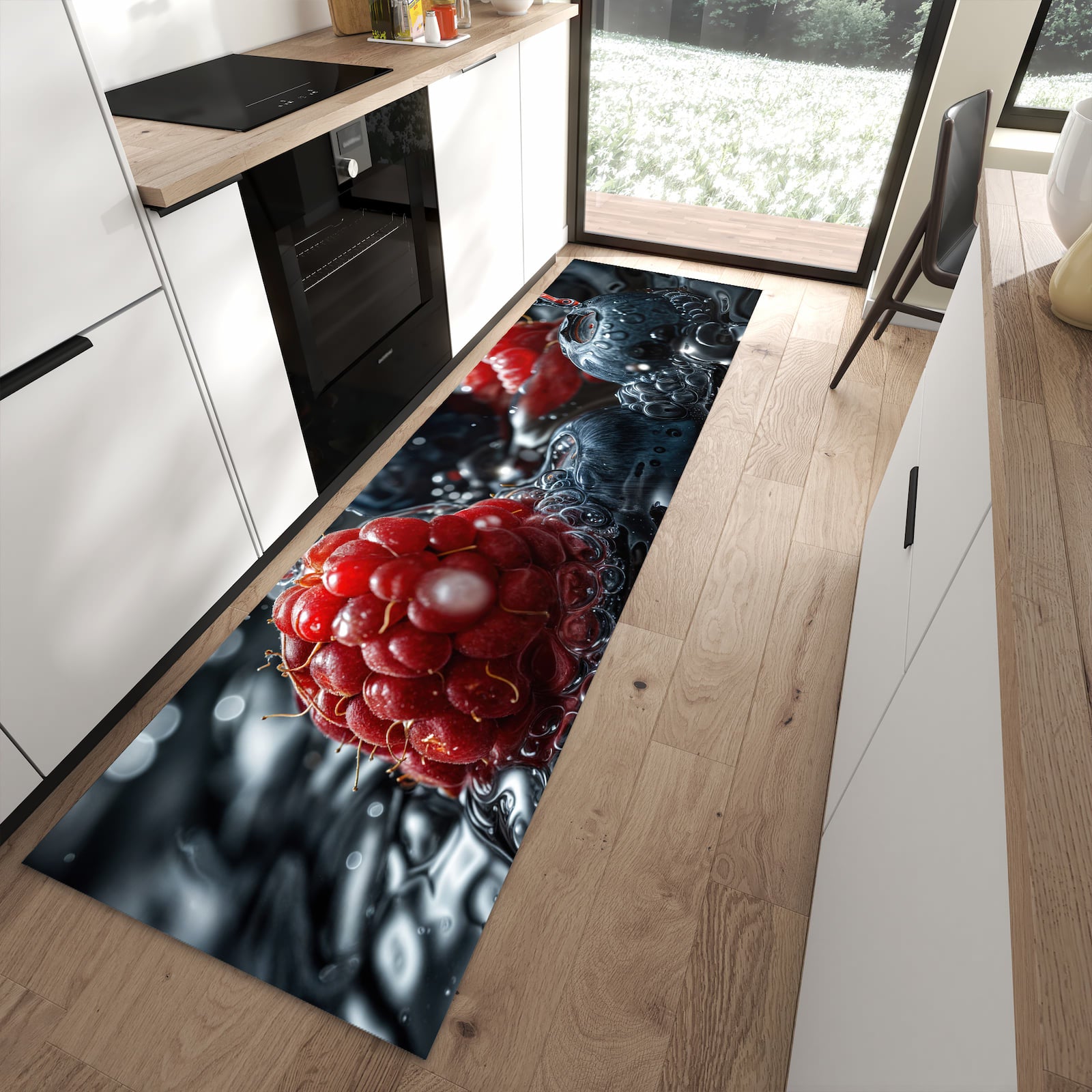 Geruchsneutraler Küchenteppich mit Motiv Früchte im Wasser in moderner Küche