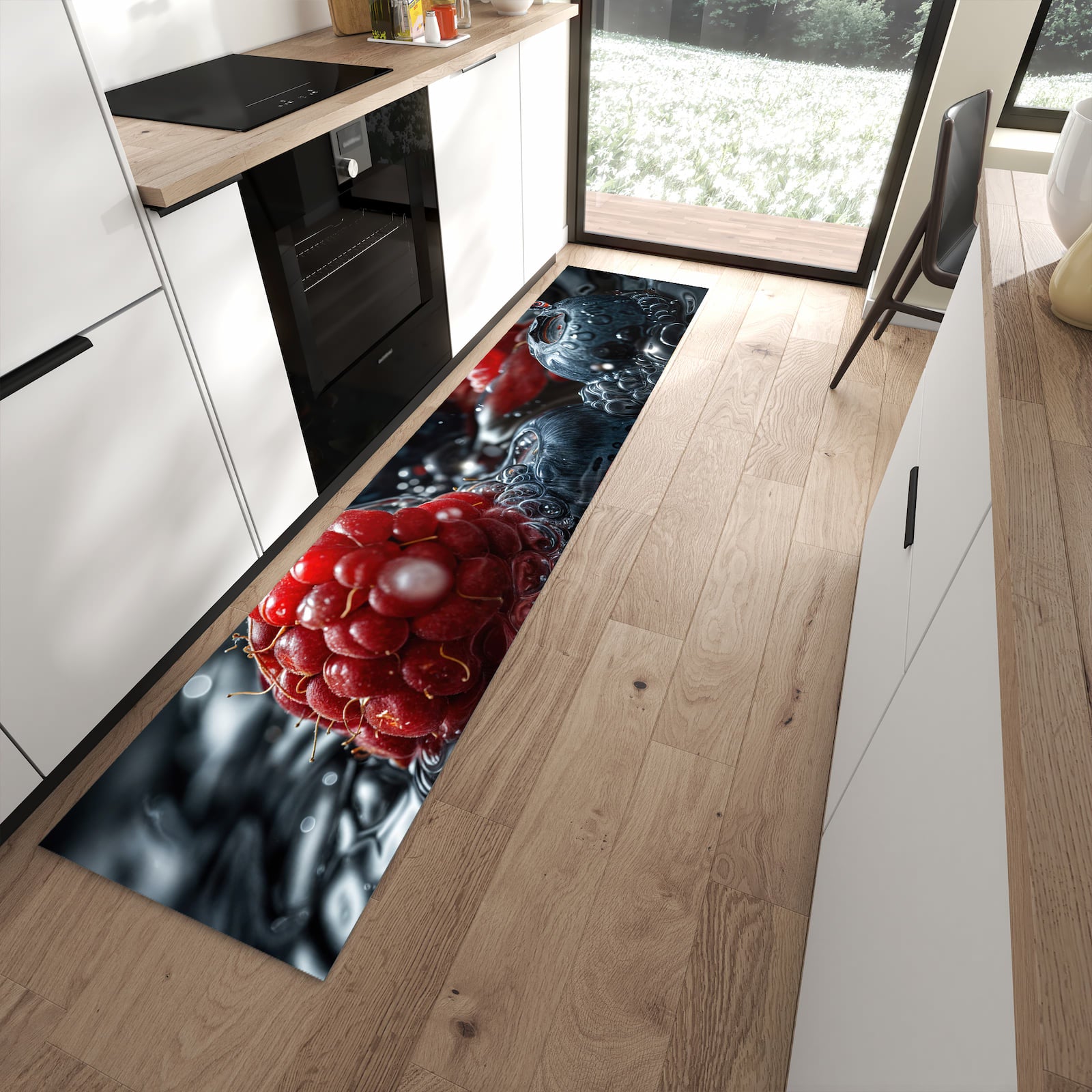 UV-beständiger Küchenteppich mit Motiv Früchte im Wasser in moderner Küche