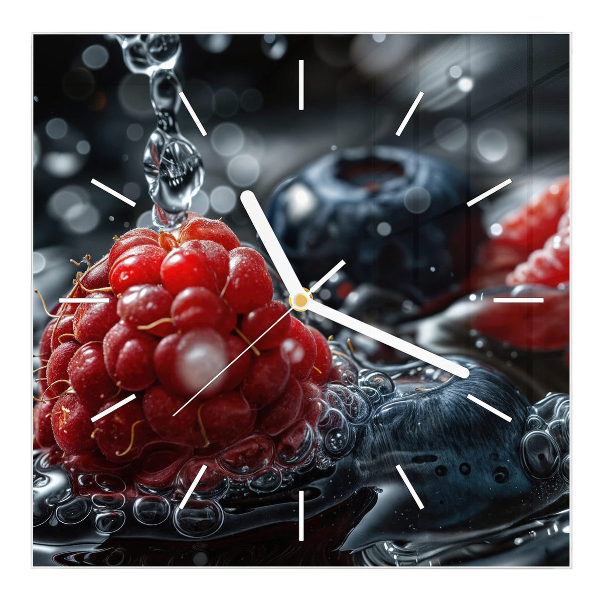 Wanduhr aus Glas, Ziffernblatt Linie: Makro: eine Himbeere und Blaubeeren in dunklem Wasser, ein Tropfen fällt herab