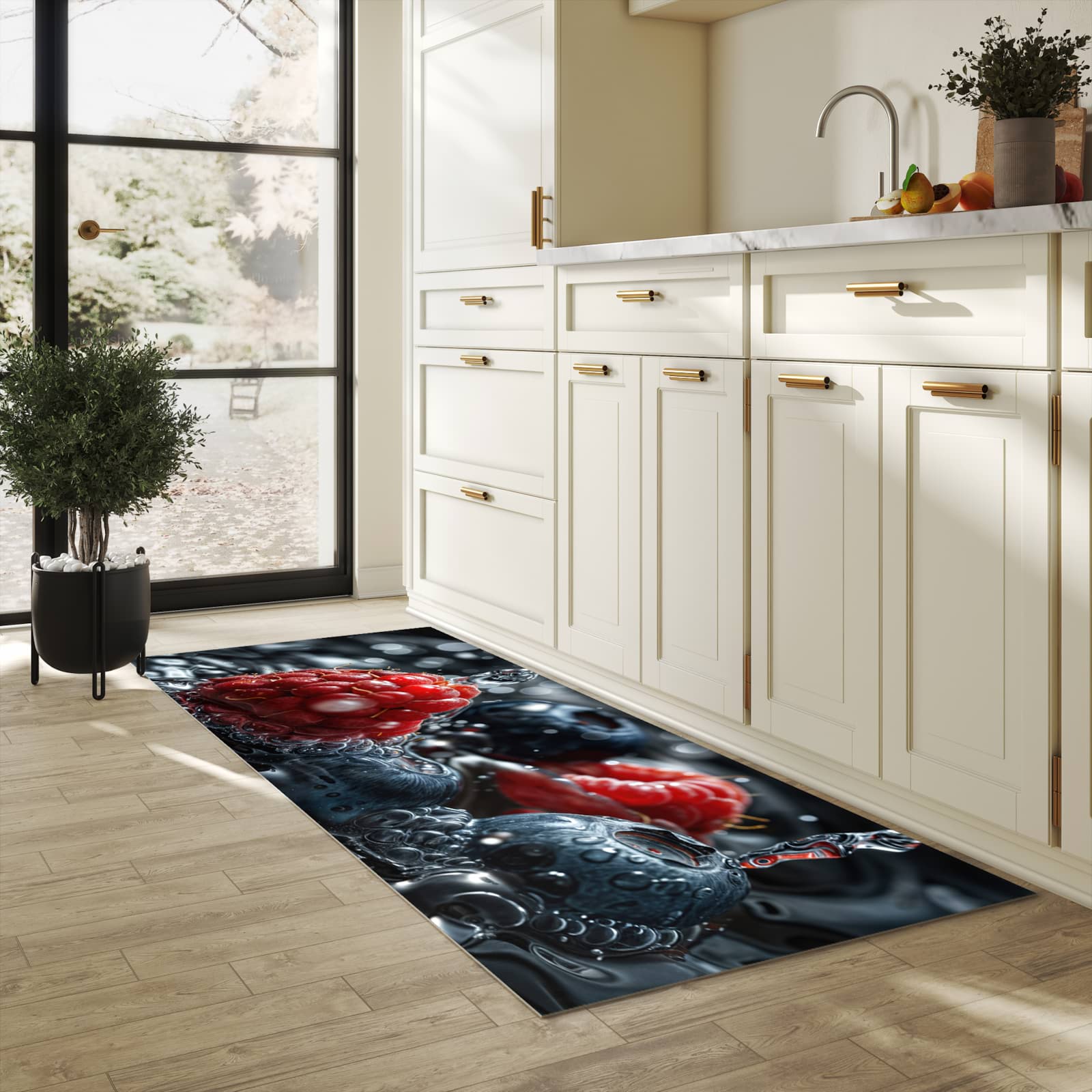 Rutschfester Küchenläufer mit Motiv Früchte im Wasser in heller Küche