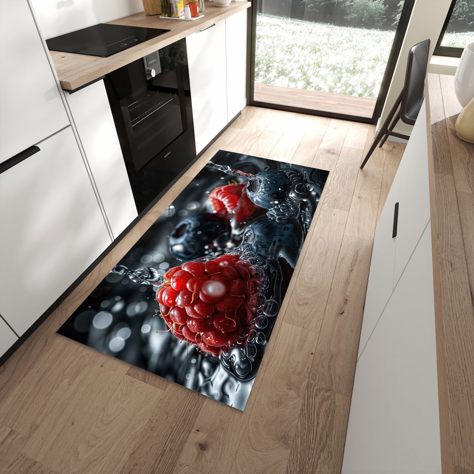 Flacher Küchenteppich mit Motiv Früchte im Wasser in moderner Küche